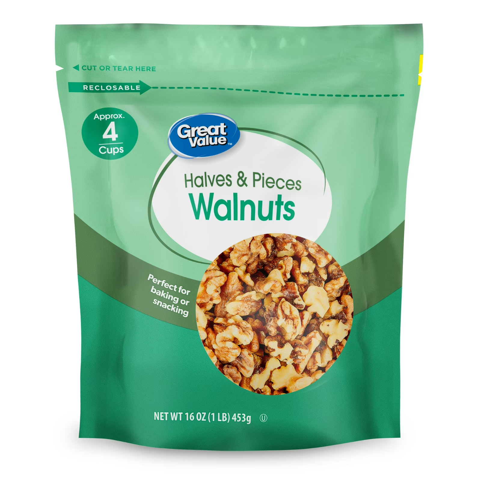 (2 PACK) Great Value Walnuts Halves & Pieces, 16 oz.