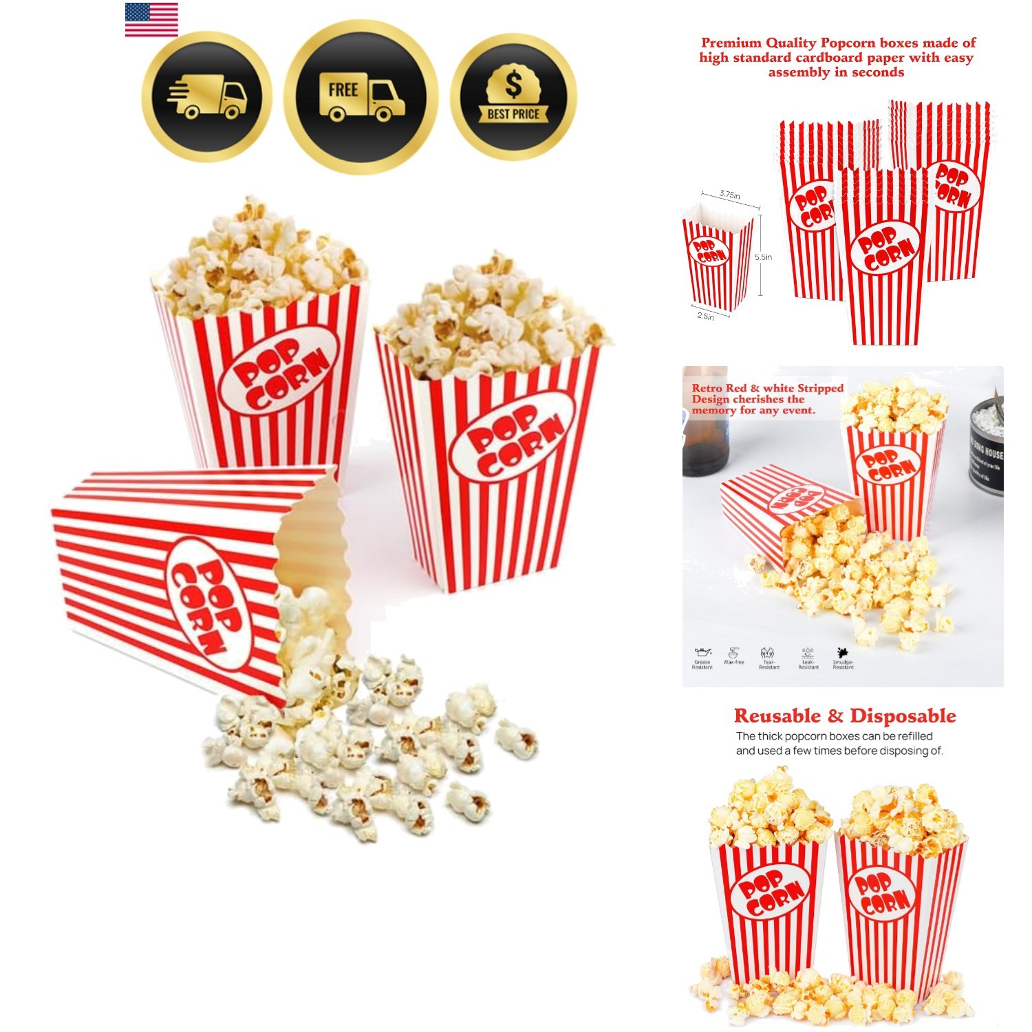 25 Mini Popcorn Boxes 5.5 Inches Tall Red and White Popcorn Bags Mini Pop Cor…