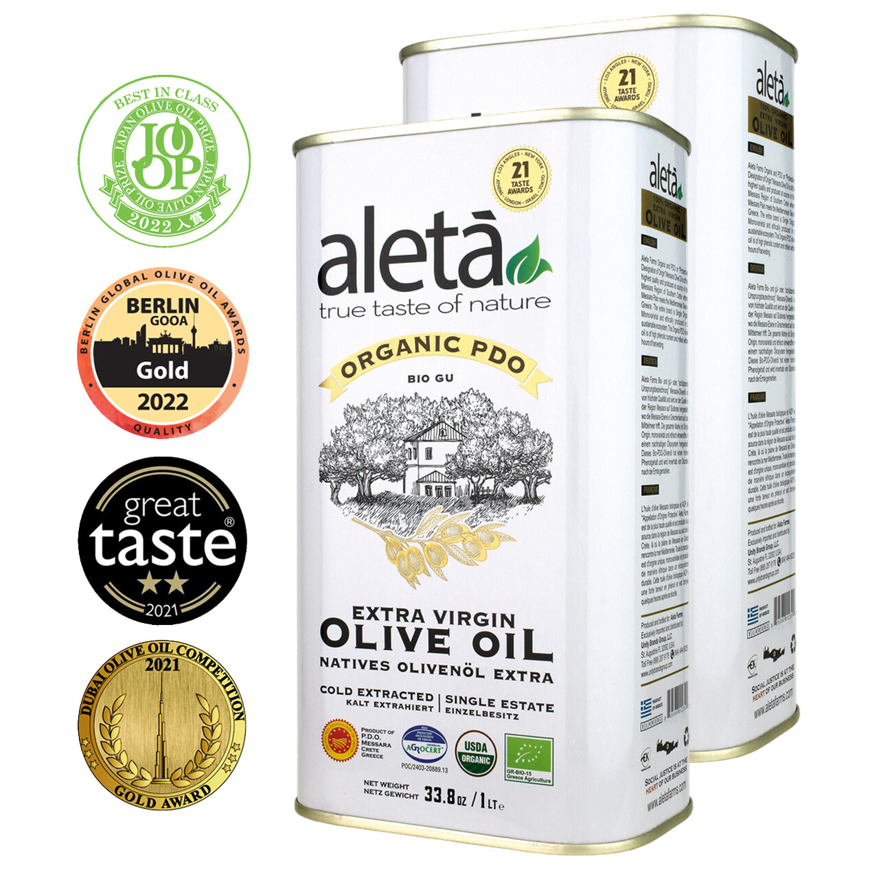 Aleta Farms, Organic & PDO Extra Virgin Olive Oil, 1 Lt (33.8 oz.) Tin, 2 PK