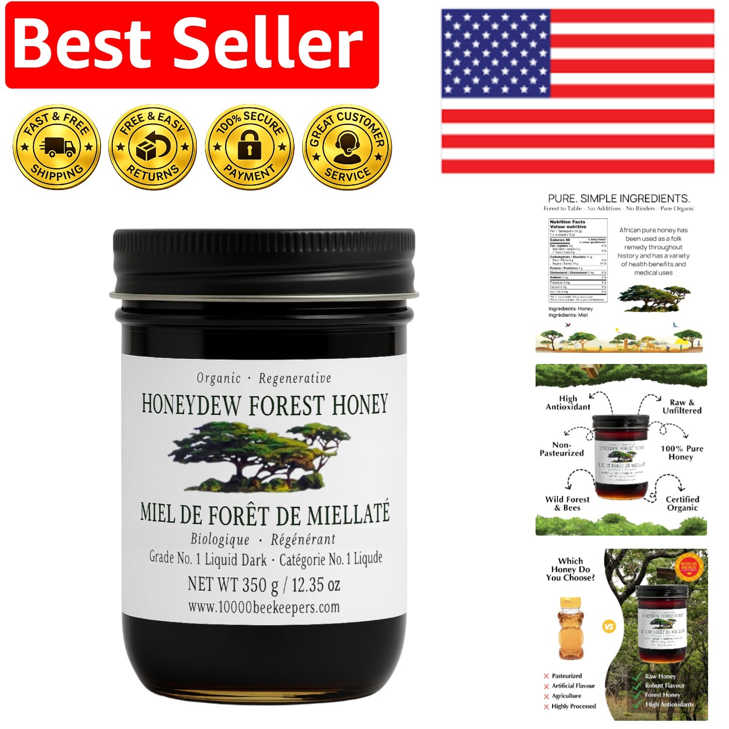 Honeydew Forest Organic Raw Honey in Glass Jar, Raw Organic Honey with High A…