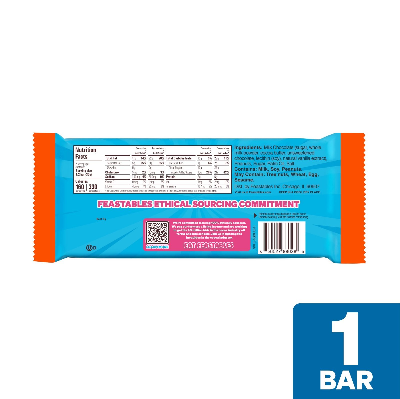 Creamy Peanut Butter Milk Chocolate Bars, King Size 10 Count, Fairtrade Cocoa Tr