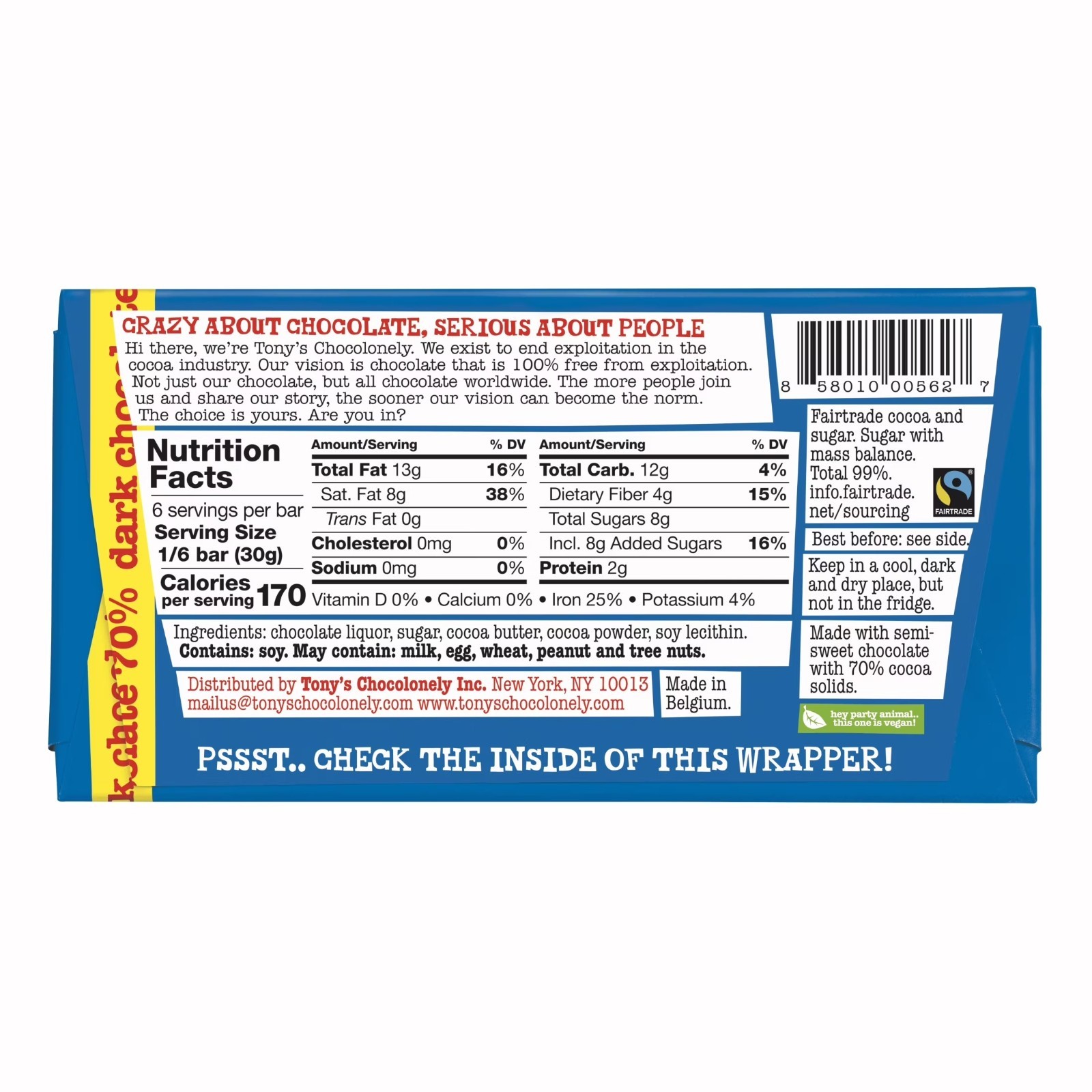 2 Pack Tony’s Chocolonely 70% Dark Chocolate Bar 6.35 oz Fairtrade Traceable