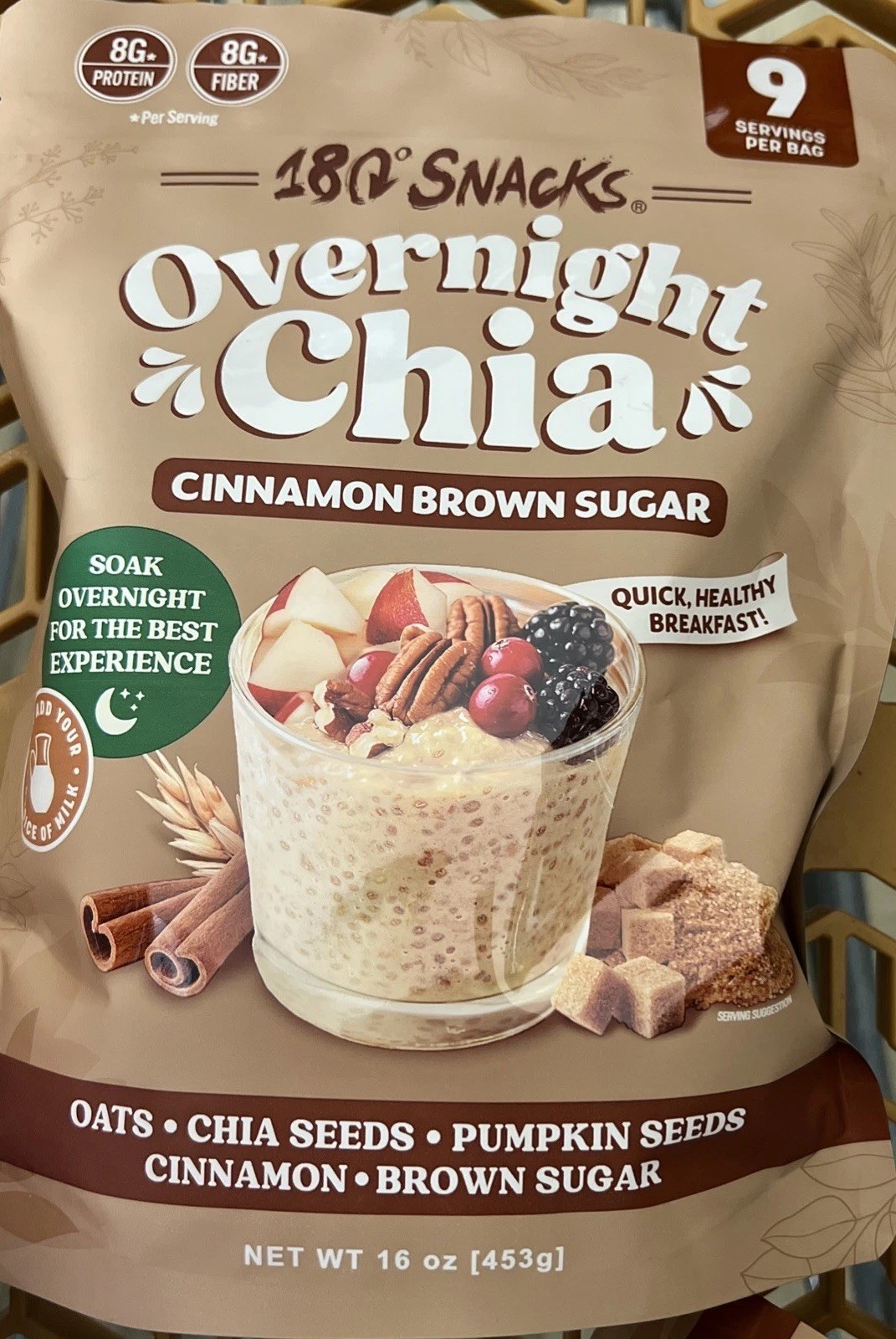 180 Snacks Cinnamon Brown Sugar Overnight Chia Seeds w/ Oats Cinnamon BB: 05/27