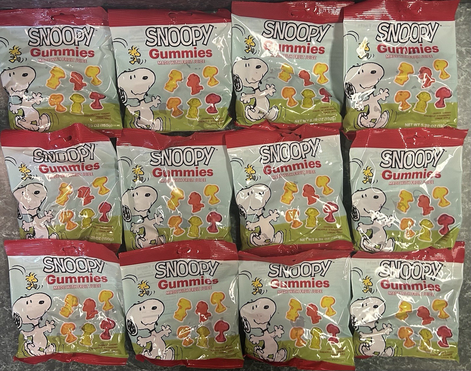 12-Snoopy Gummies Gummy Candy Bag Made w/ Fruit Juice Exp 08/07/2026