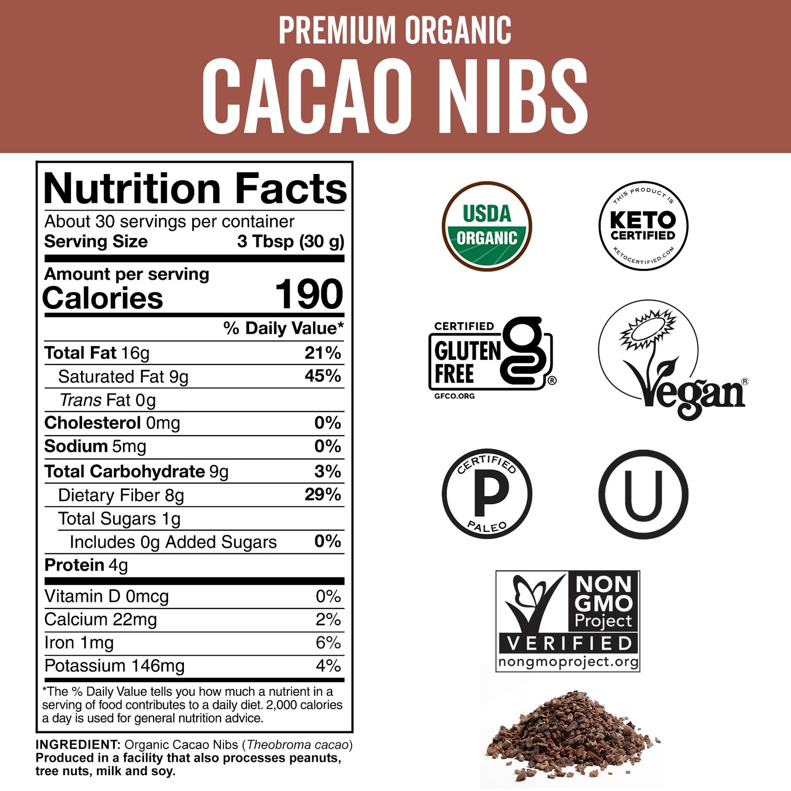 Organic Cacao Nibs, 2 lb Bag (907g) – Keto Friendly and Vegan Unsweetened Chocol
