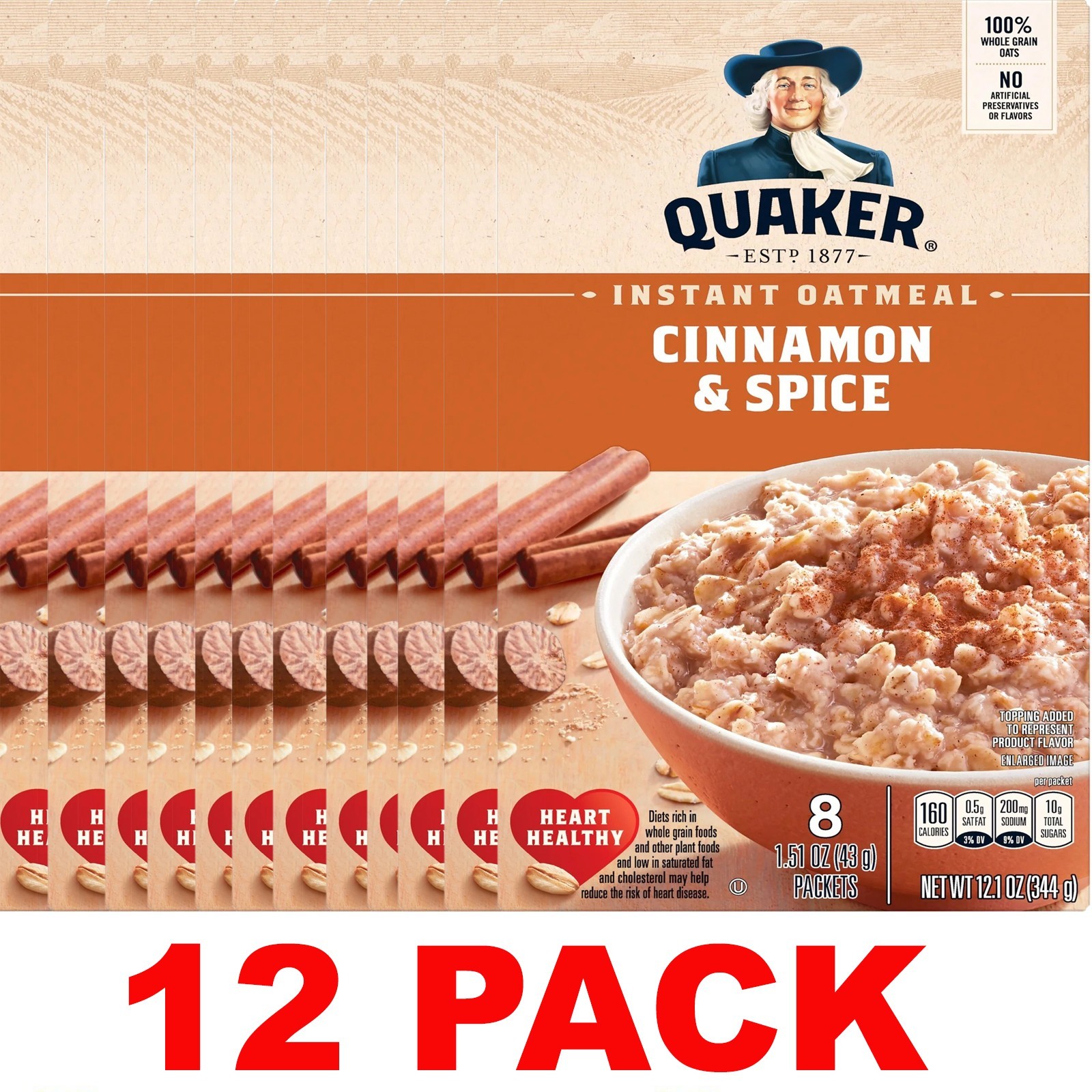 QUAKER Cinnamon & Spice Instant OATMEAL Whole Grains – 12.1 oz Box – 12 PACK