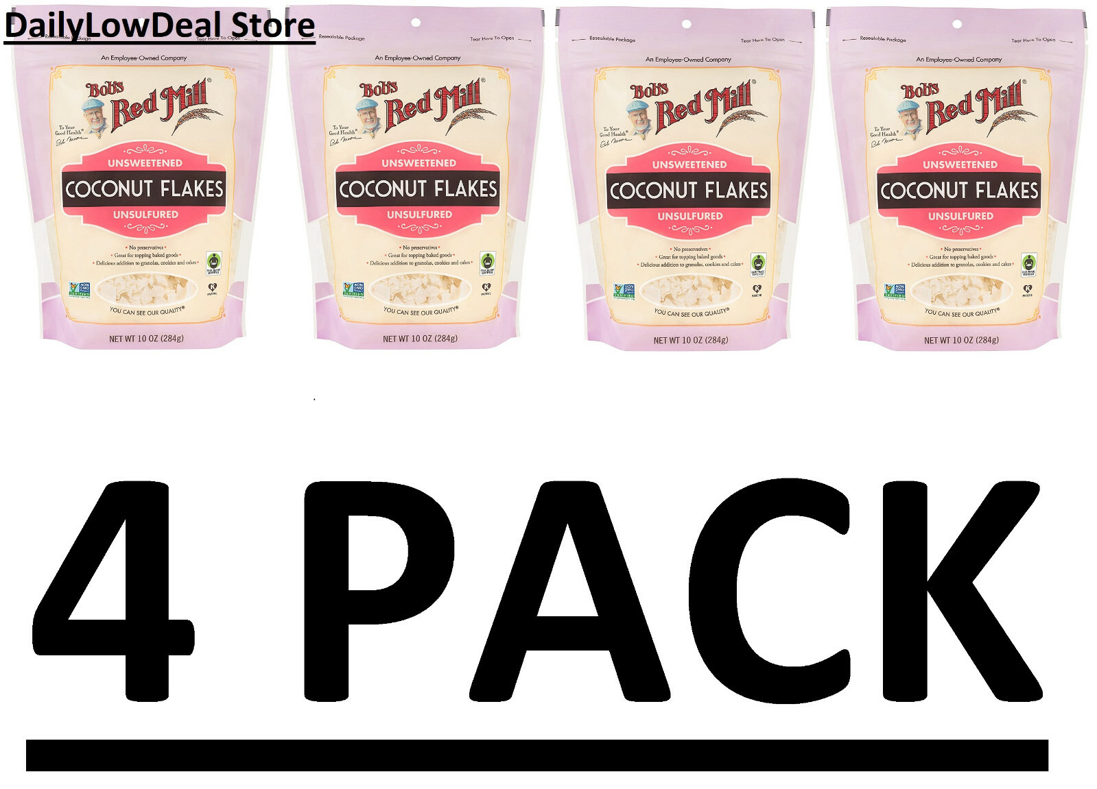 4 PACK Bob’s Red Mill Unsweetened Coconut Flakes 10 oz Pkg FRESH