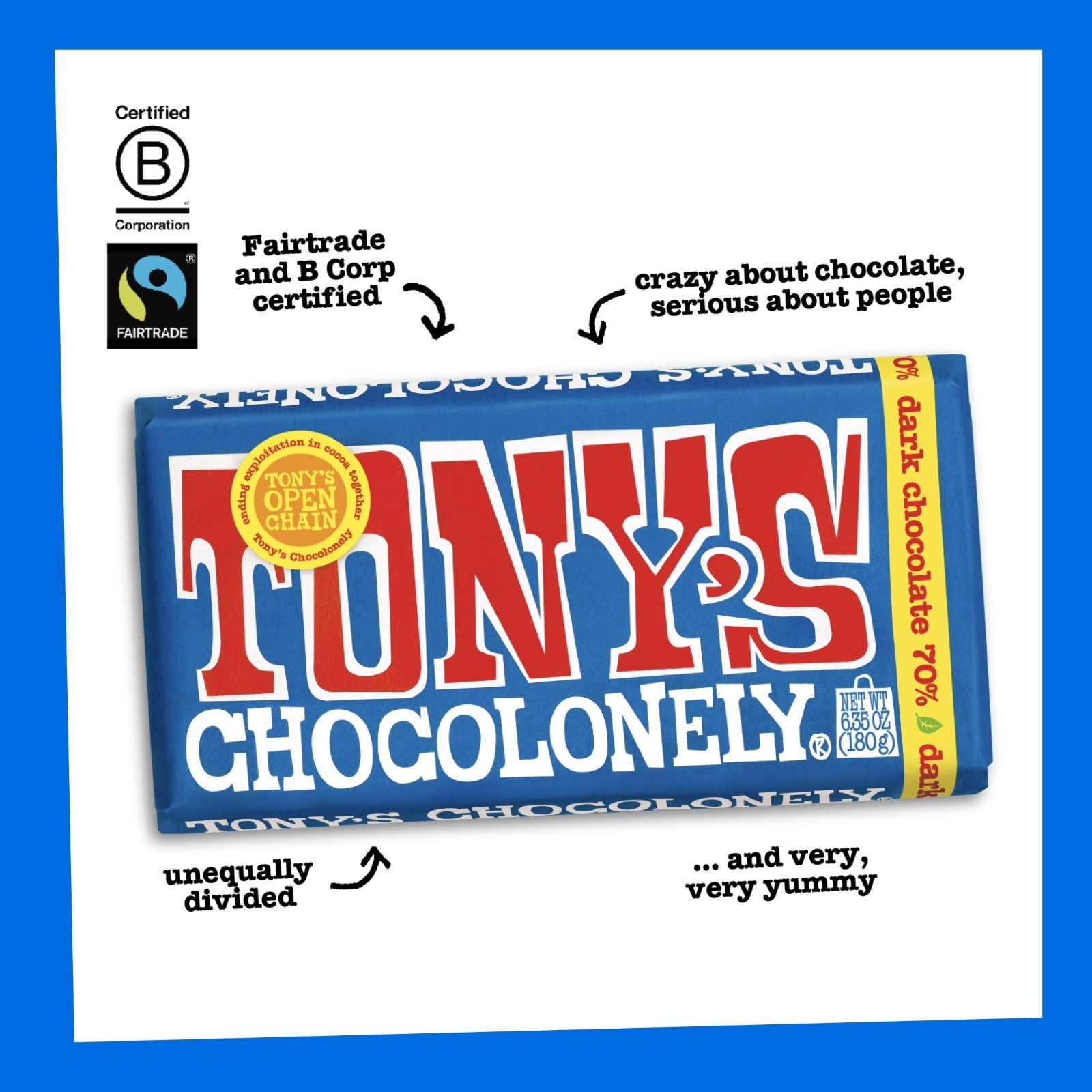 2 Pack Tony’s Chocolonely 70% Dark Chocolate Bar 6.35 oz Fairtrade Traceable