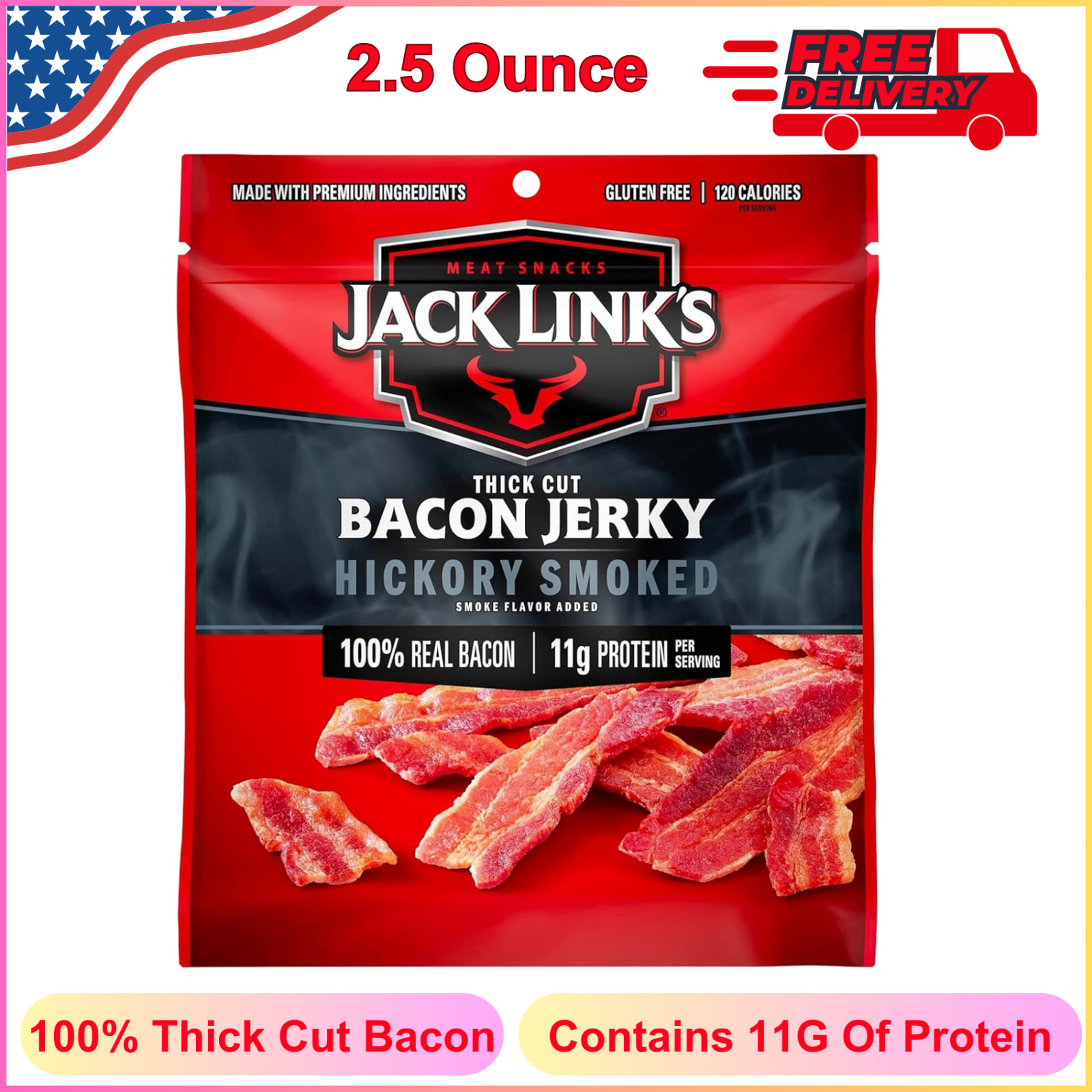 Link’s Bacon Jerky, Hickory Smoked – Flavorful Ready To Eat Meat Snack, 2.5 oz