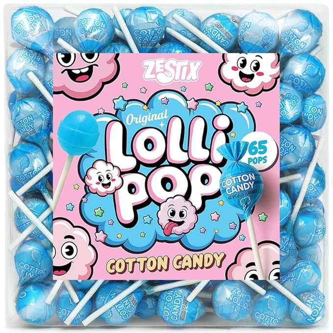 65 Cotton Candy Lollipops Mini Bulk Individually Wrapped Blue Sweet Suckers