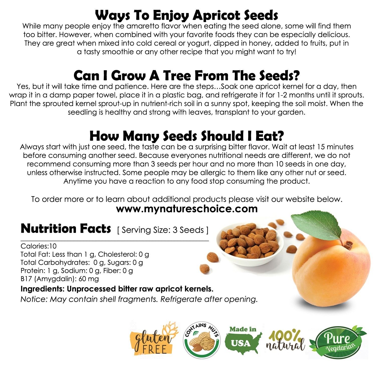 Bitter Apricot Kernels, 1 Pound, Natural B17 Source California Grown