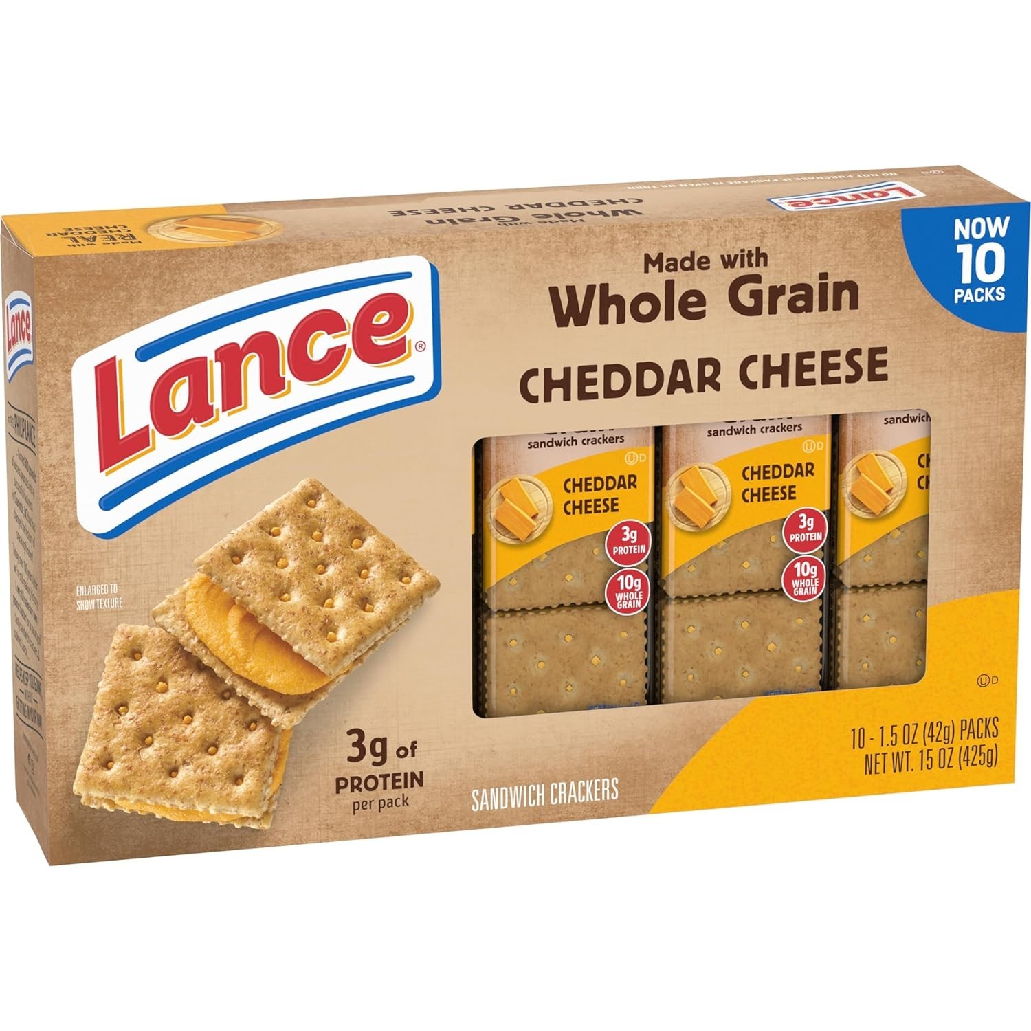 Lance Sandwich Snack Cookies Crackers, Whole Grain Cheddar Cheese, 10 Packs