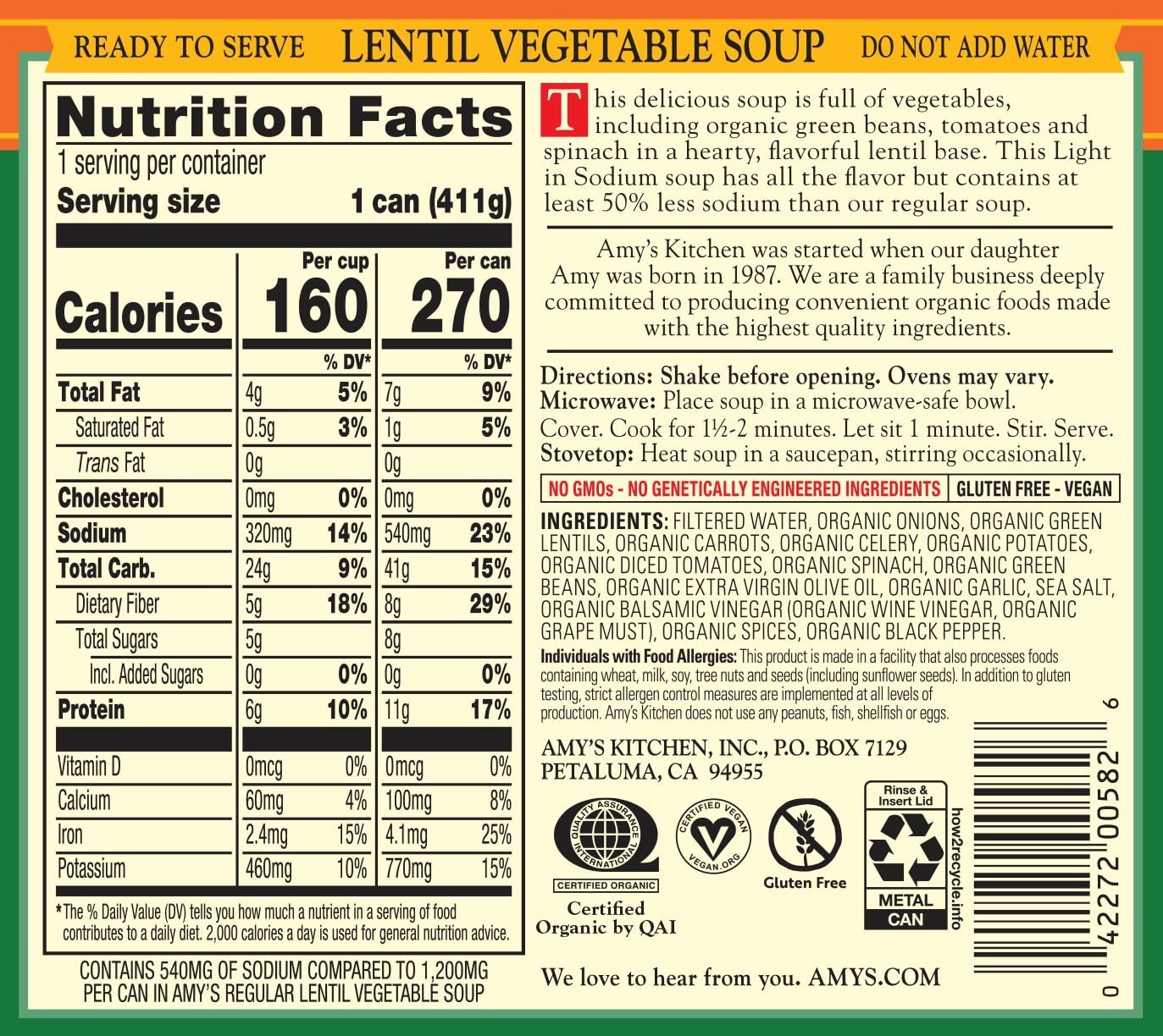 Vegan Low-Sodium Lentil Vegetable Soup, Gluten-Free, 14.5 Oz 12 Pack