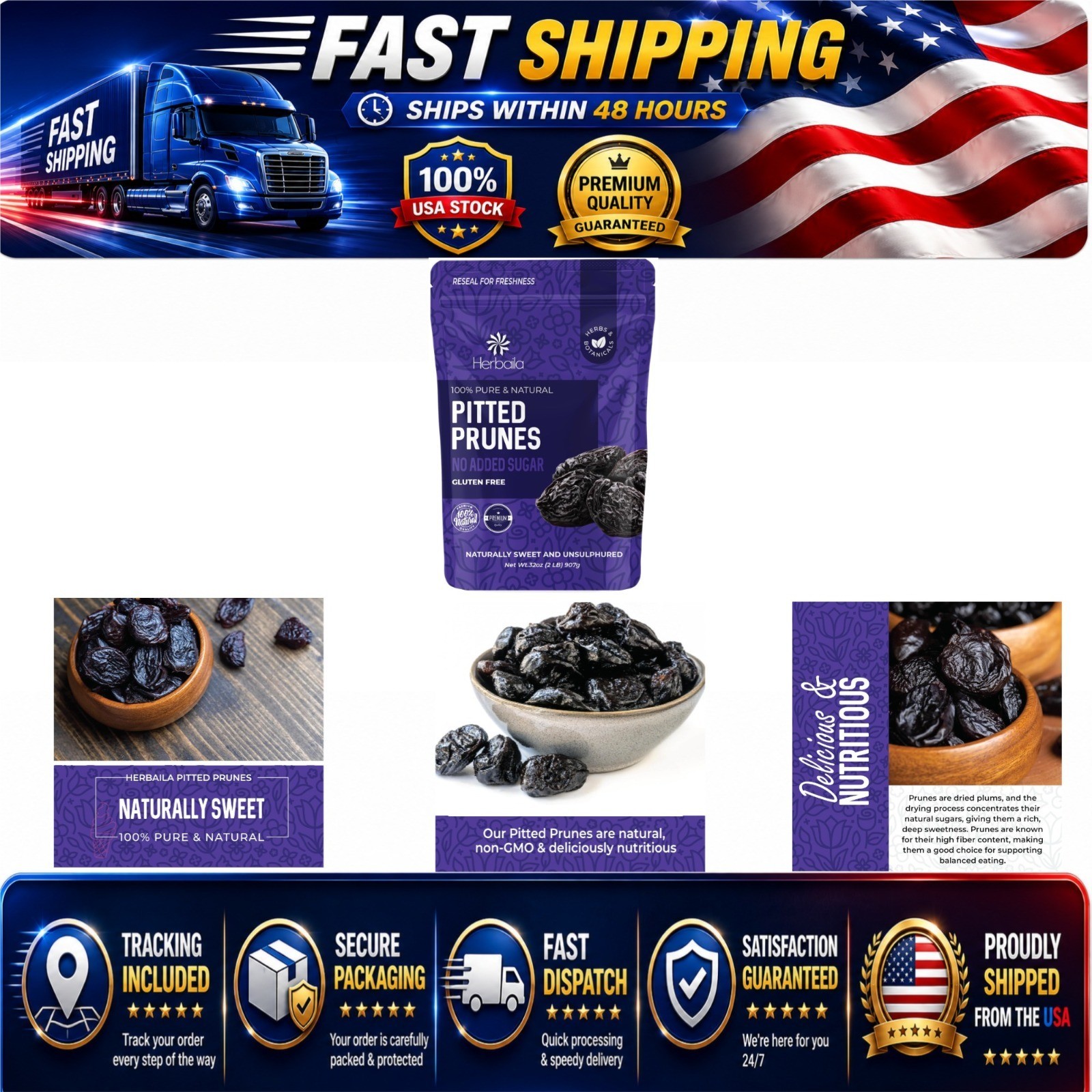 Herbaila Dried Pitted Prunes 2lbs, Unsweetened, No Sugar Added