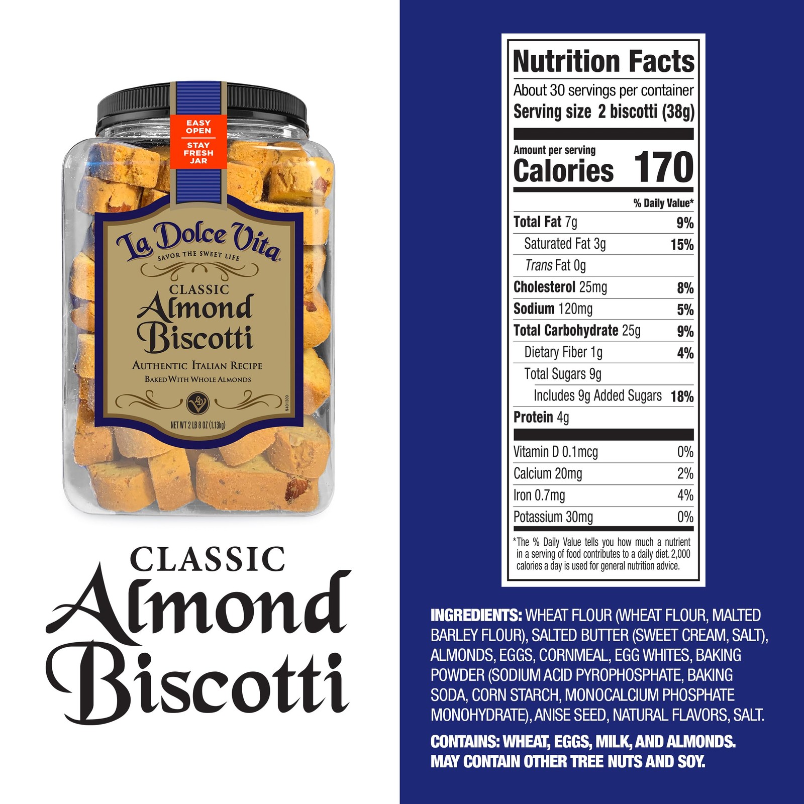 Classic Almond Italian Biscotti Cookie Snacks with Whole Almonds, 40 oz. Jar,…