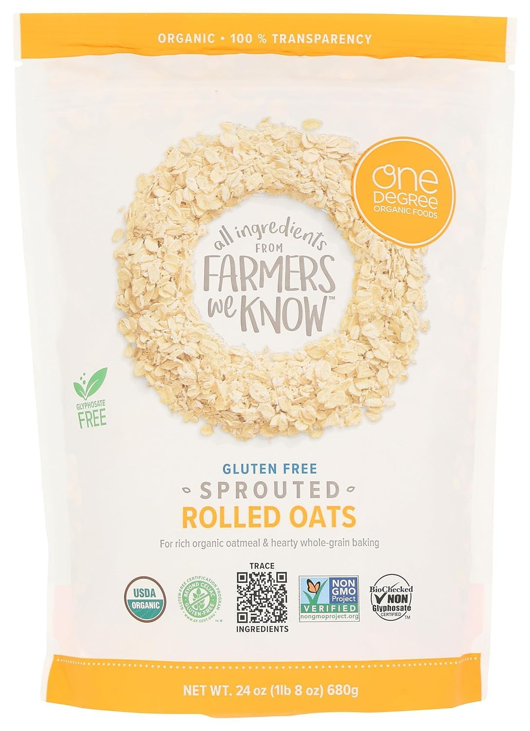 One Degree Organic Gluten Free Sprouted Rolled Oats 24 Ounce Breakfast Cereal