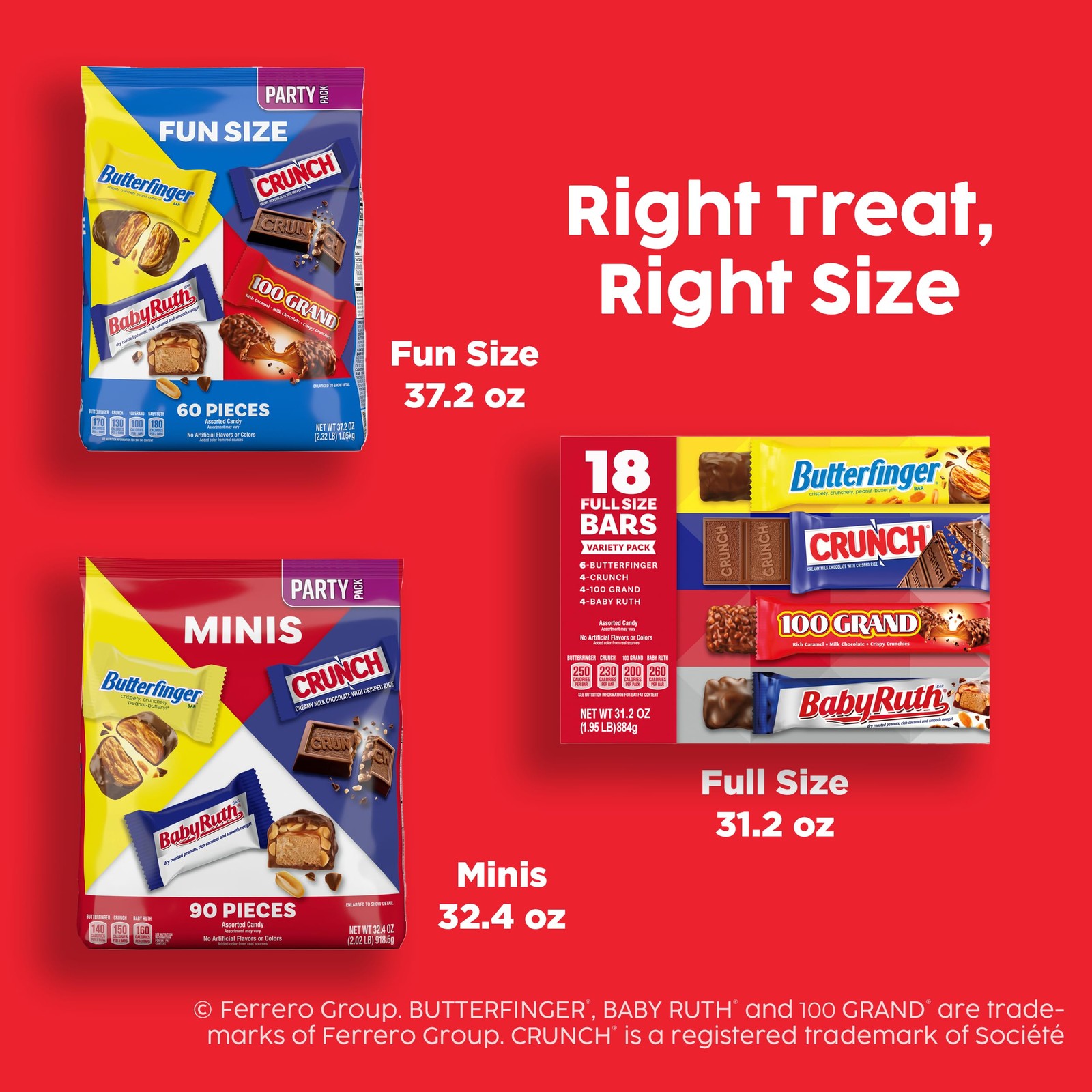 Assorted , Crunch, Baby Ruth, and 100 Grand Full Size Chocolates, 18 count, 3…