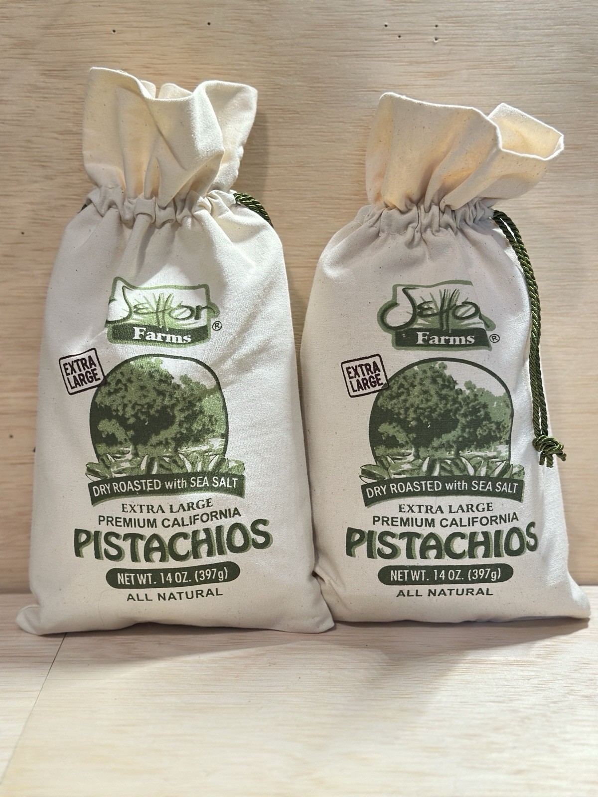 Lot 2-Burlap Bags Of Dry Roasted California Pistachios 14 Oz Ea-Sealed Exp 3/27