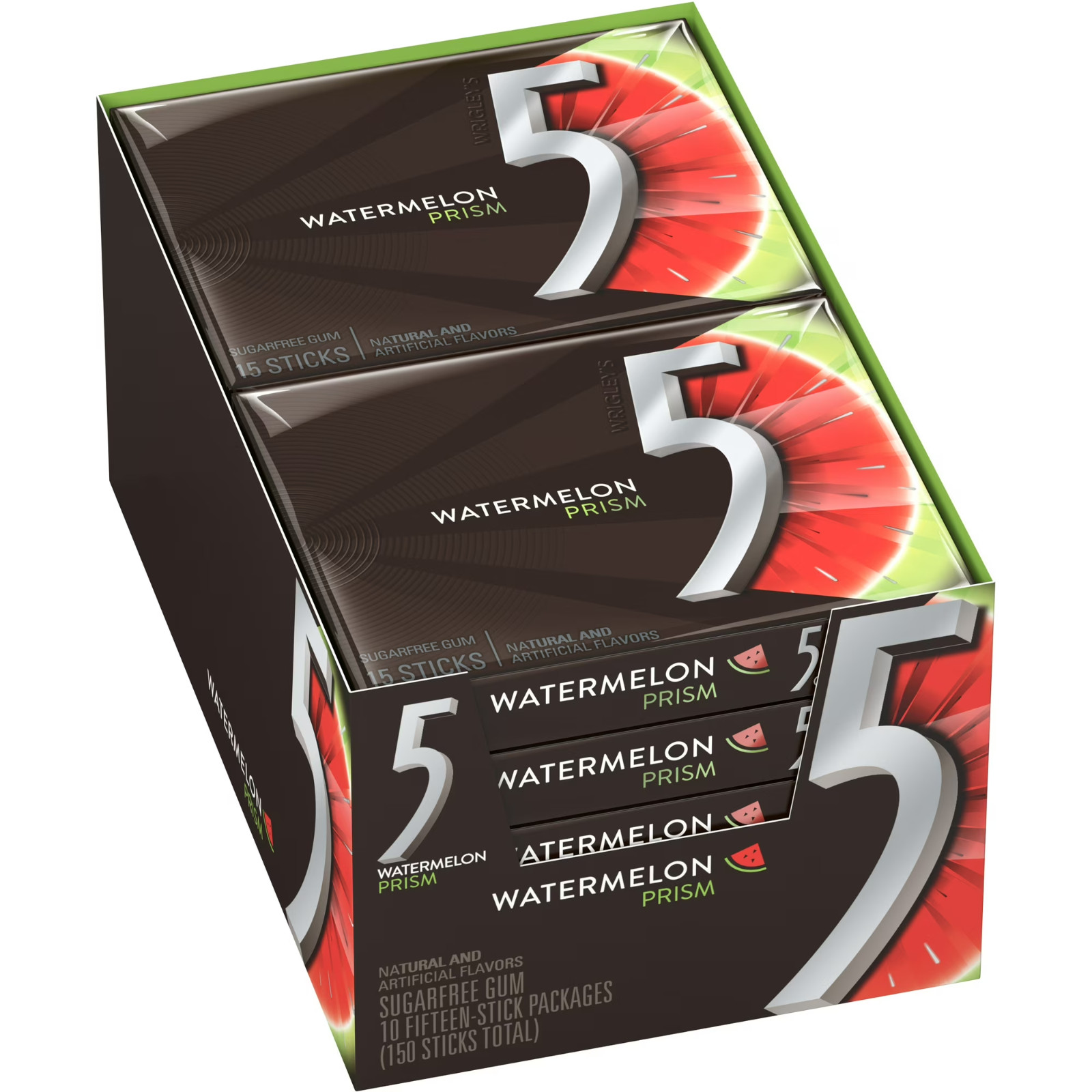 5 Gum Watermelon Prism Sugarfree Gum, 10 Packs Of 15 Count date 2027