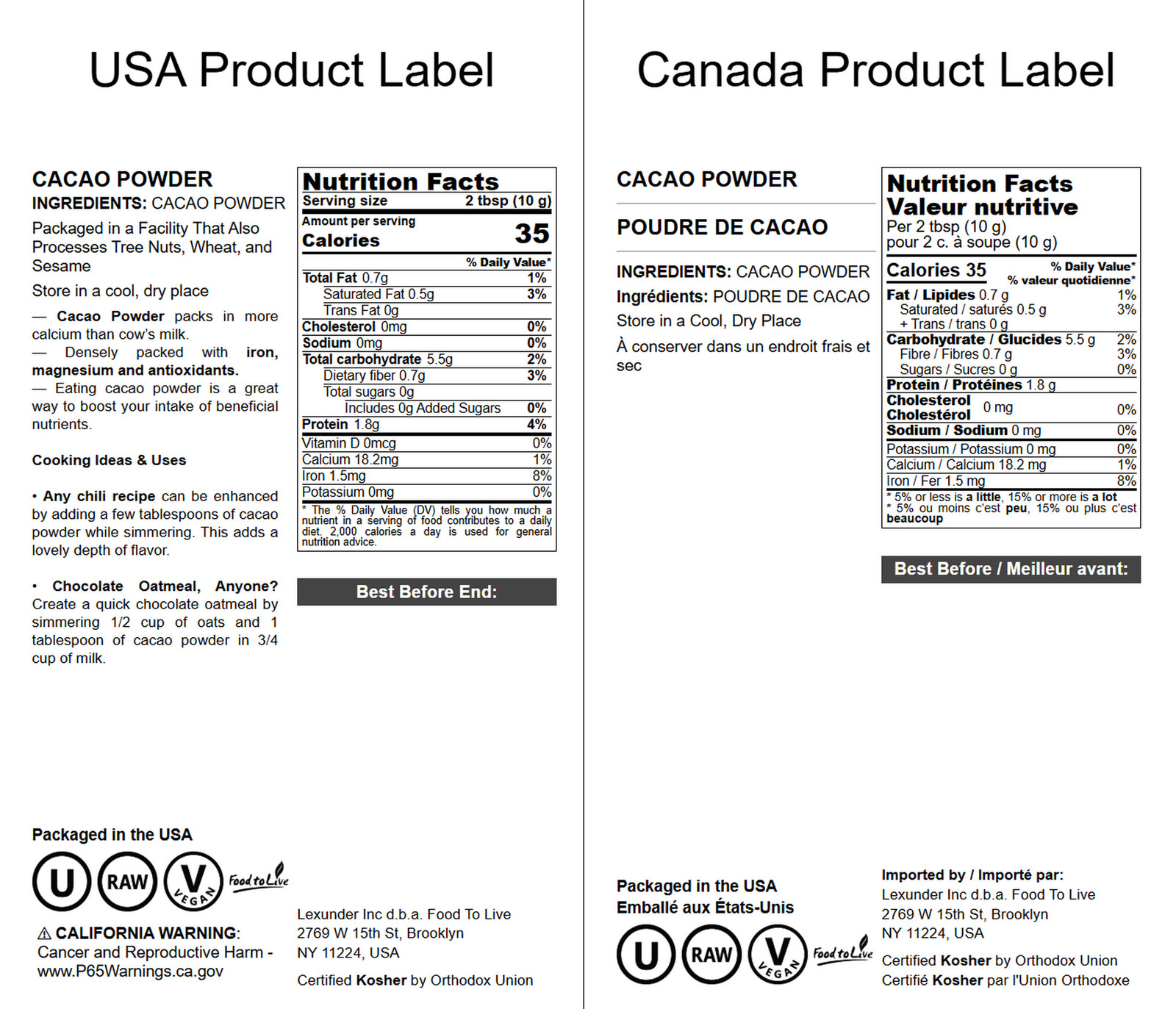 Cacao Powder – Kosher, Raw, Vegan, Unsweetened, Sirtfood, Bulk – Food to Live