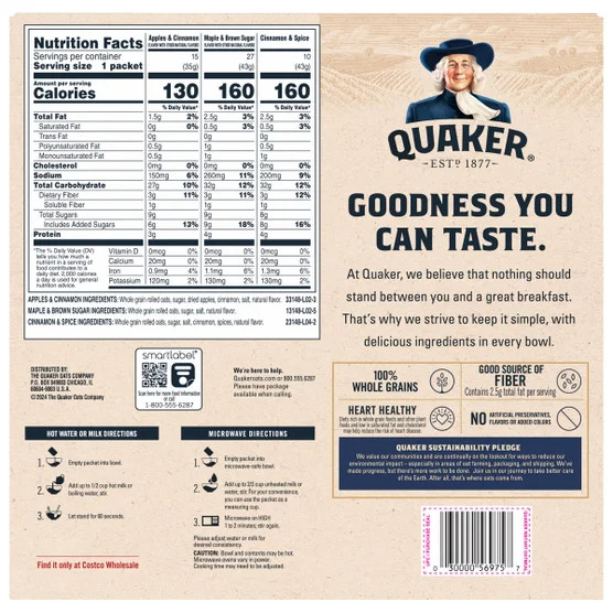 Quaker Instant Oatmeal Variety Pack, 1.51 oz, 52 Count – Assorted Flavors.