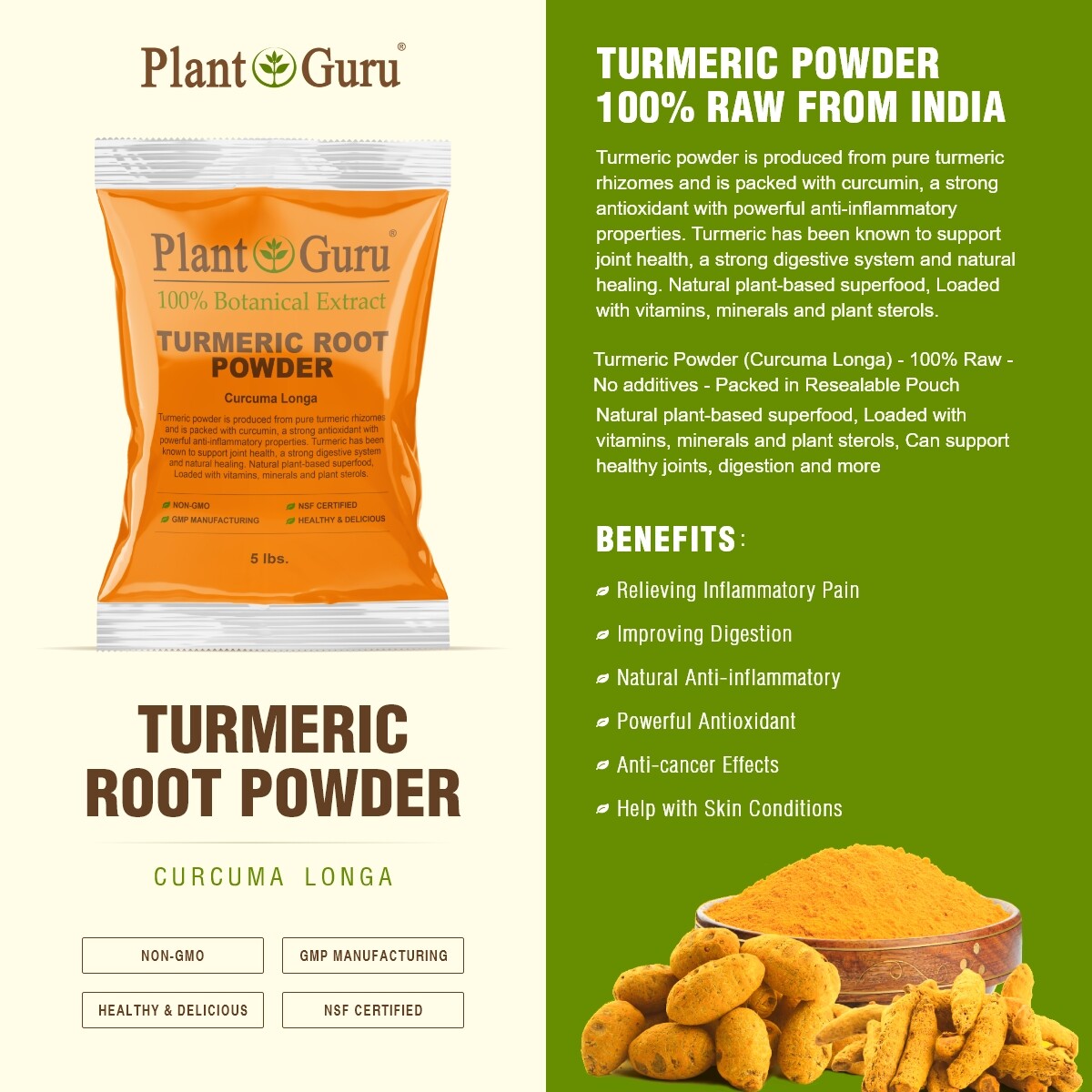 Turmeric Root Powder 5 lbs. Curcumin Curcuma Longa Raw Pure Tumeric Spice BULK