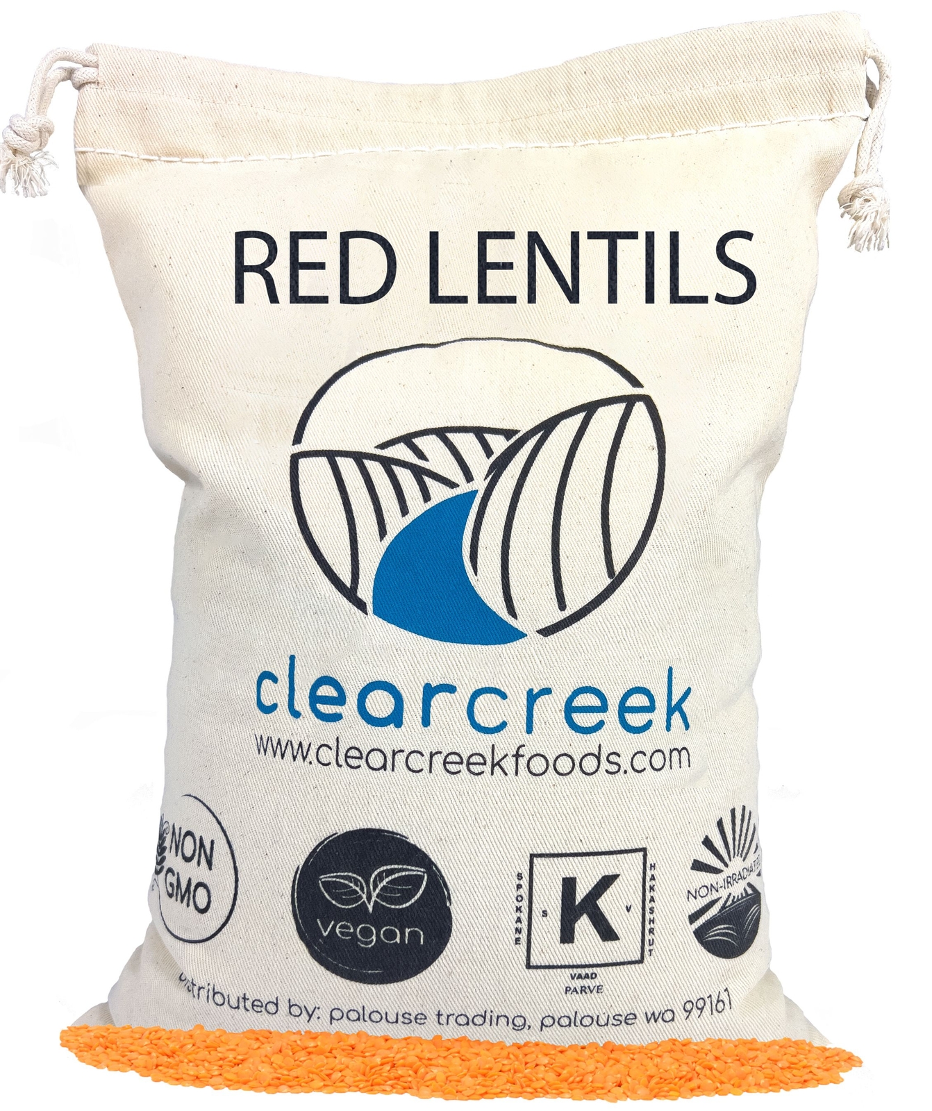Clear Creek Red Lentils, 4 lbs Cotton Drawstring Bag