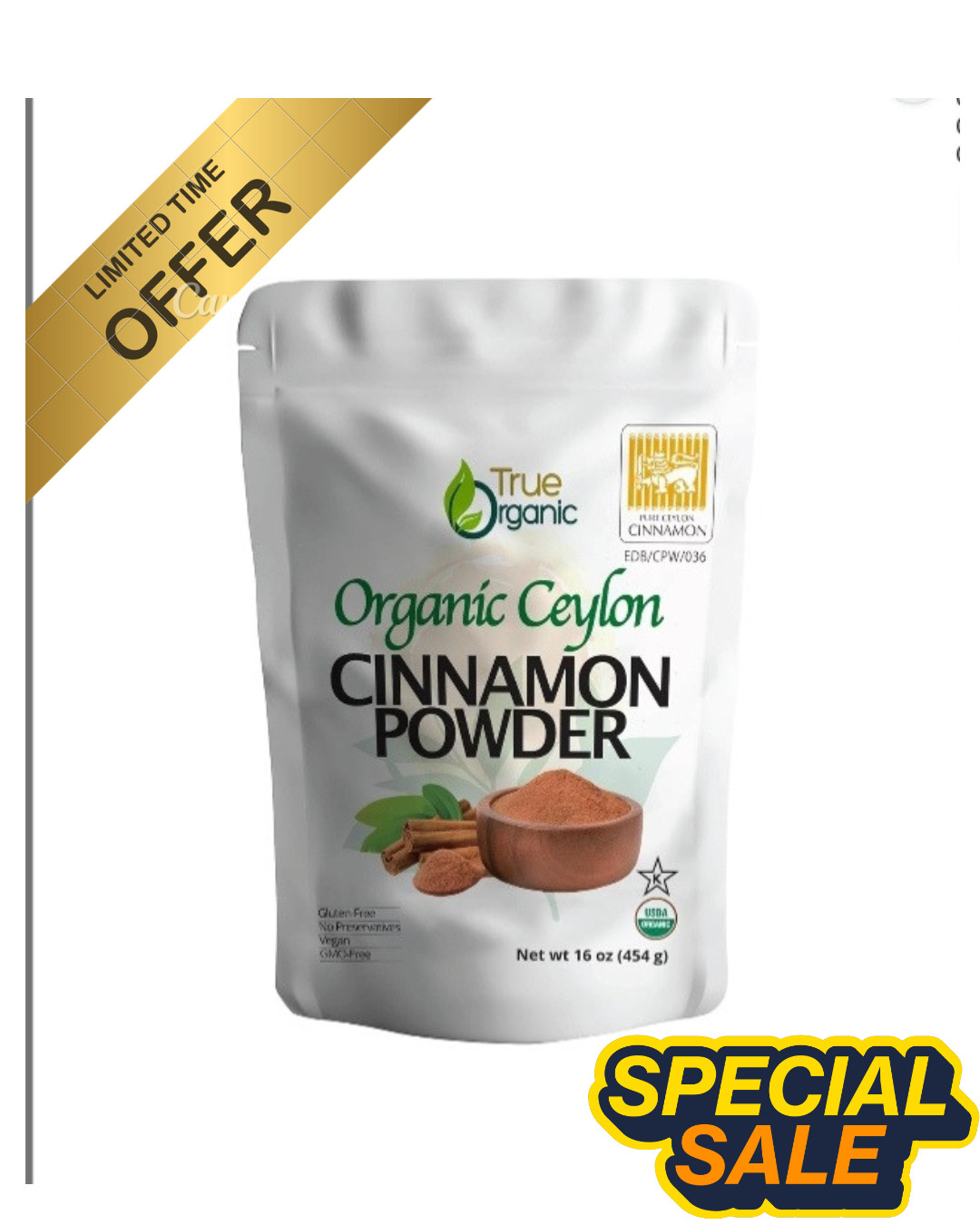 True Organic Ceylon Cinnamon Powder, 1 lb, Premium Grade, Gluten Free