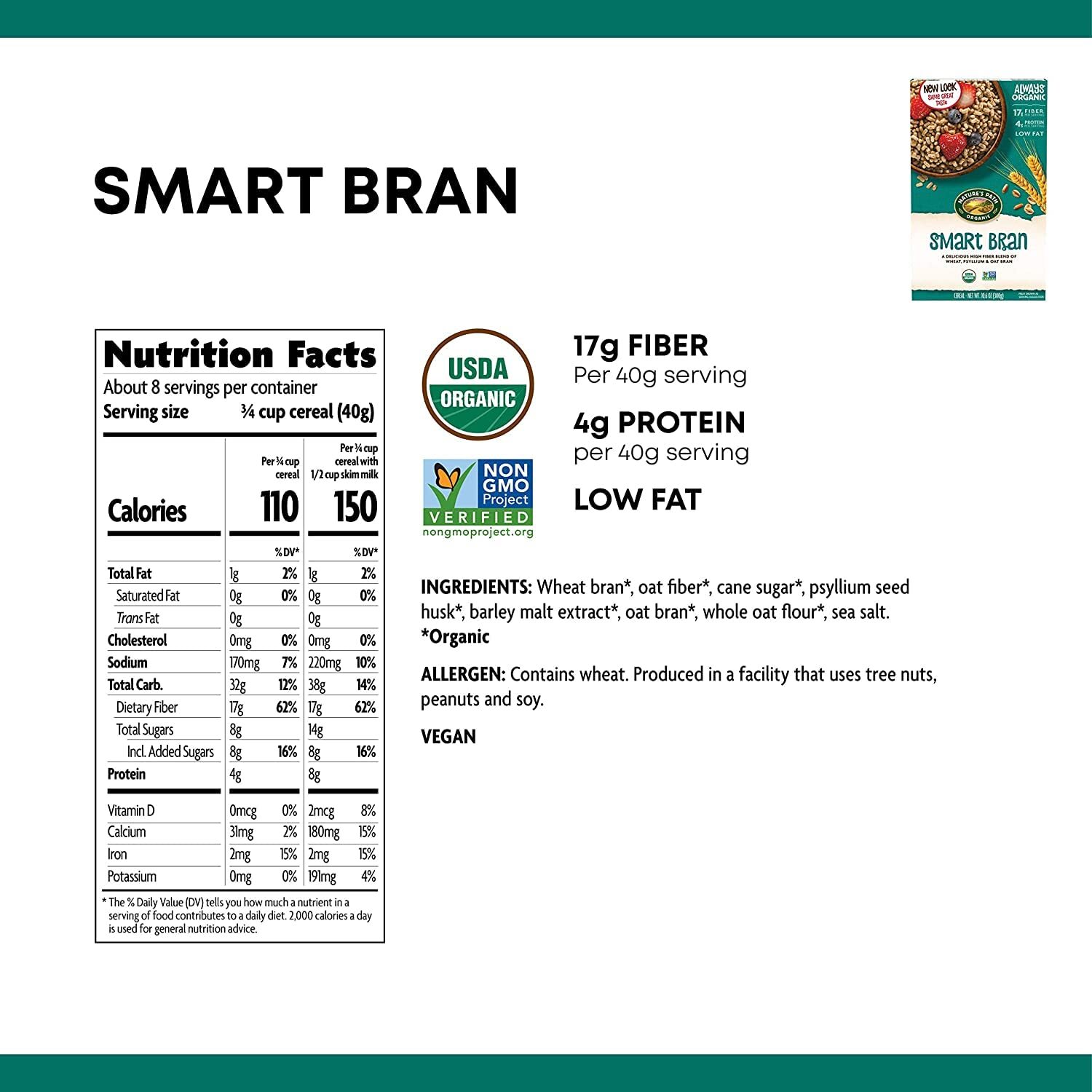 Nature’S Path Organic Smart Bran Cereal With Psyllium & Oat Bran 10.6 Oz