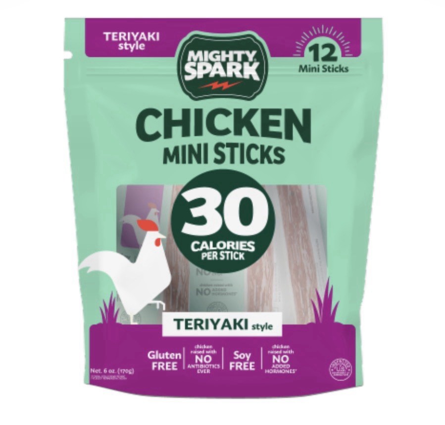 Mighty Spark Meat Sticks, Teriyaki Flavored Chicken Mini 30 Calorie Snacks 12ct