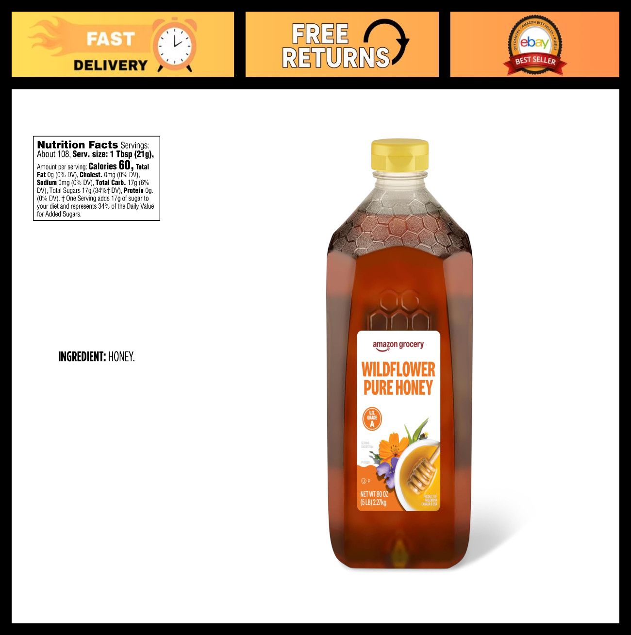Pure Wildflower Honey 80 Oz – Natural Sweetener, Organic, Raw Honey for Cooking