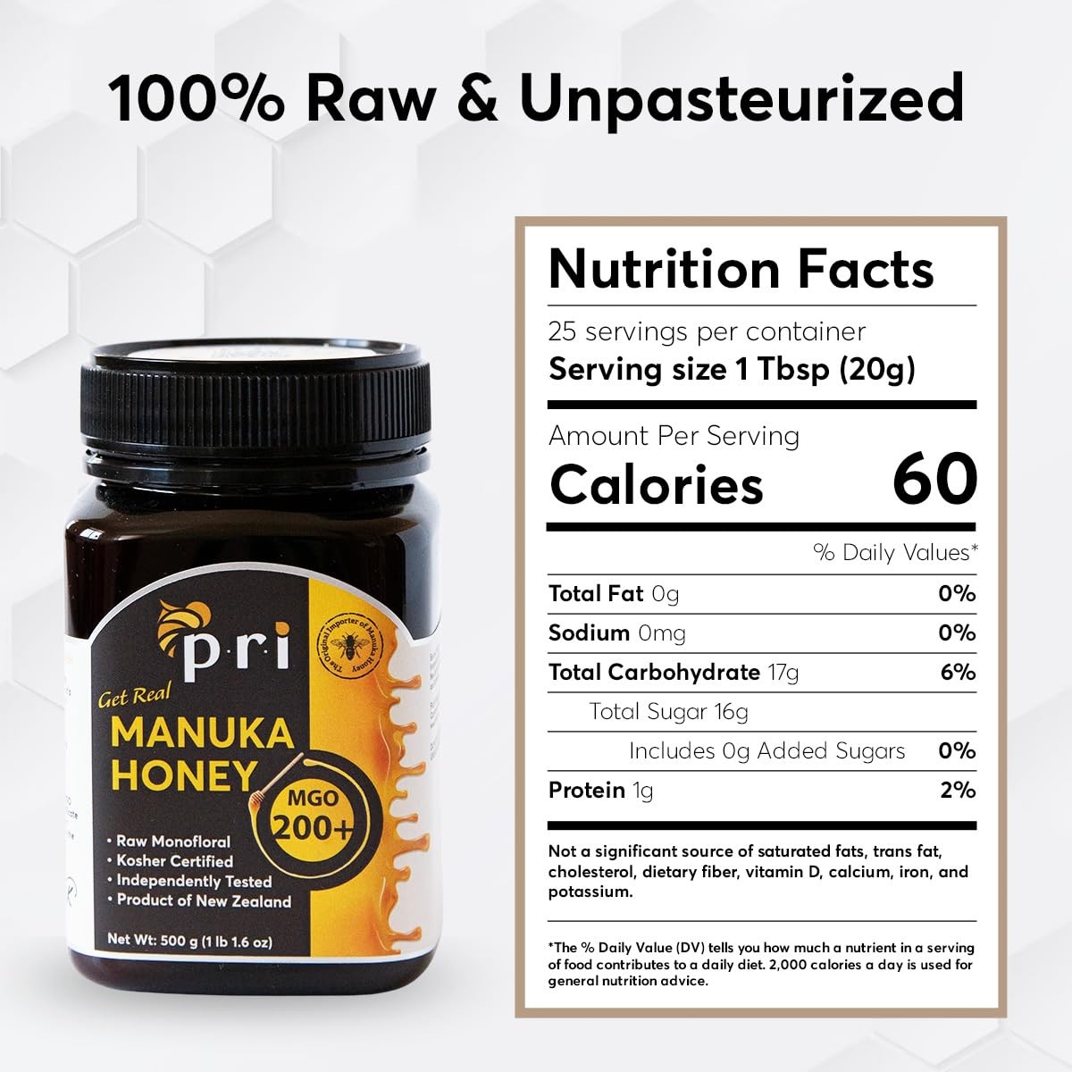 P.R.I Manuka Honey MGO 200+, Monofloral Raw New Zealand Cool‐Processed & 100%