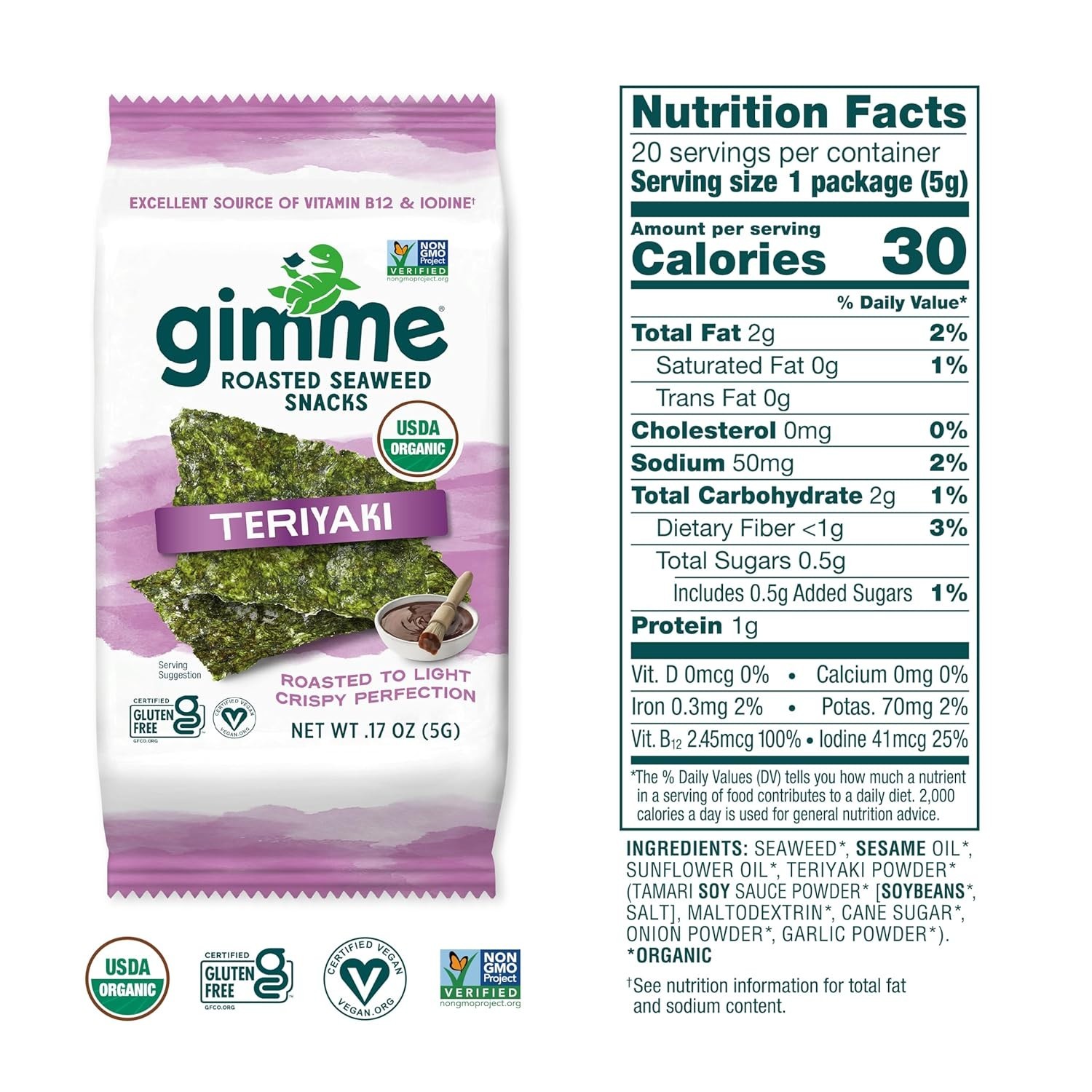 Organic Roasted Seaweed Snacks Teriyaki 20 Pack Keto Gluten-Free