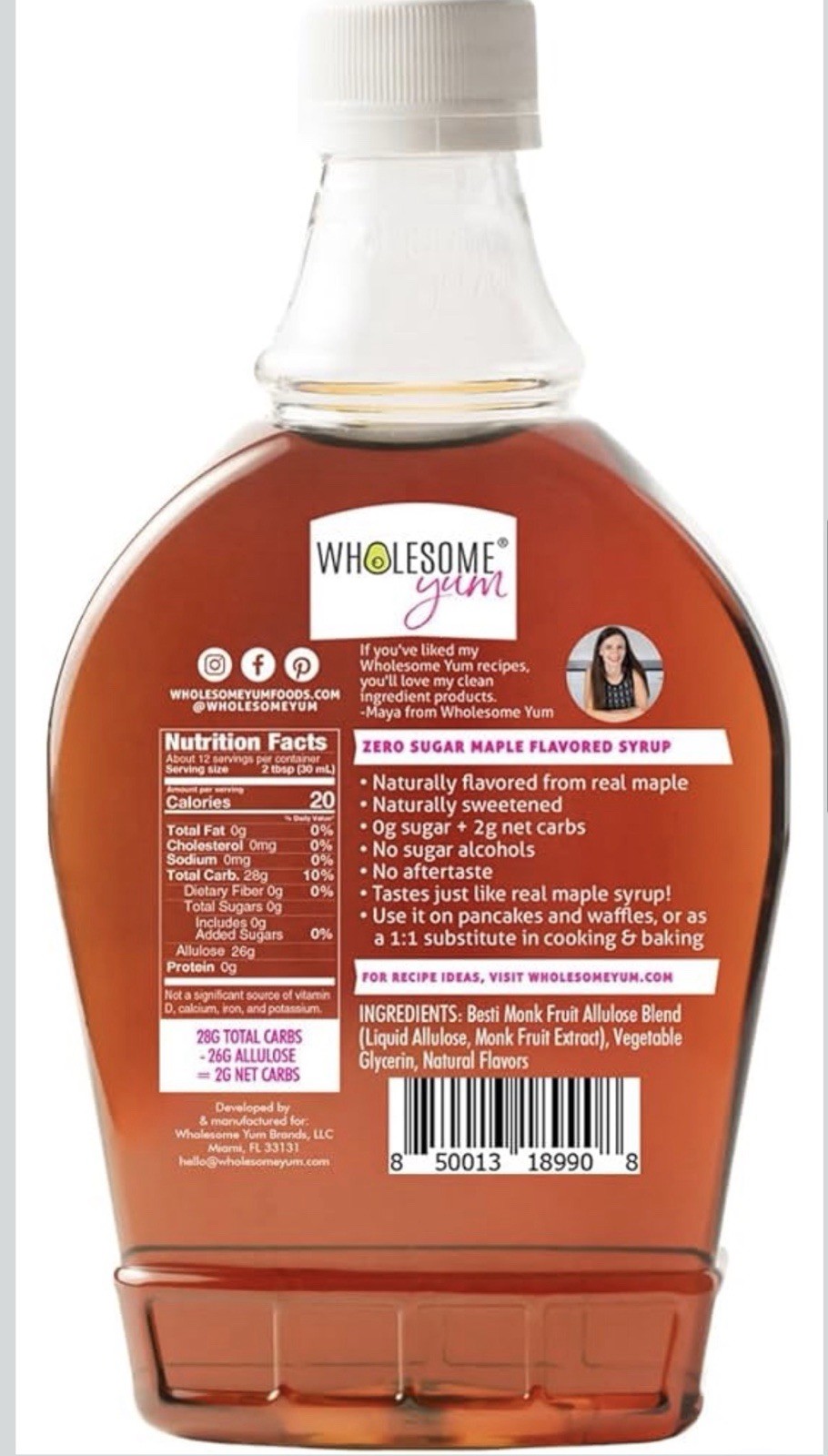 Wholesome Yum Zero Sugar Maple Syrup With Monk Fruit & Allulose – 12 fl oz