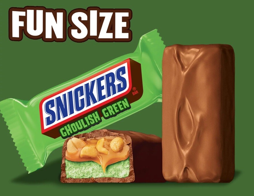 SNICKERS-GREEN Ghoul NOUGAT MILK CHOCOLATE CARAMEL SNACK SIZE BAR-BULK BAG PRICE