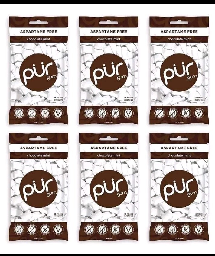 PUR Xylitol Chewing Gum CHOCOLATE MINT (55 Pieces, 6 Pack) Sugarless Vegan Pure