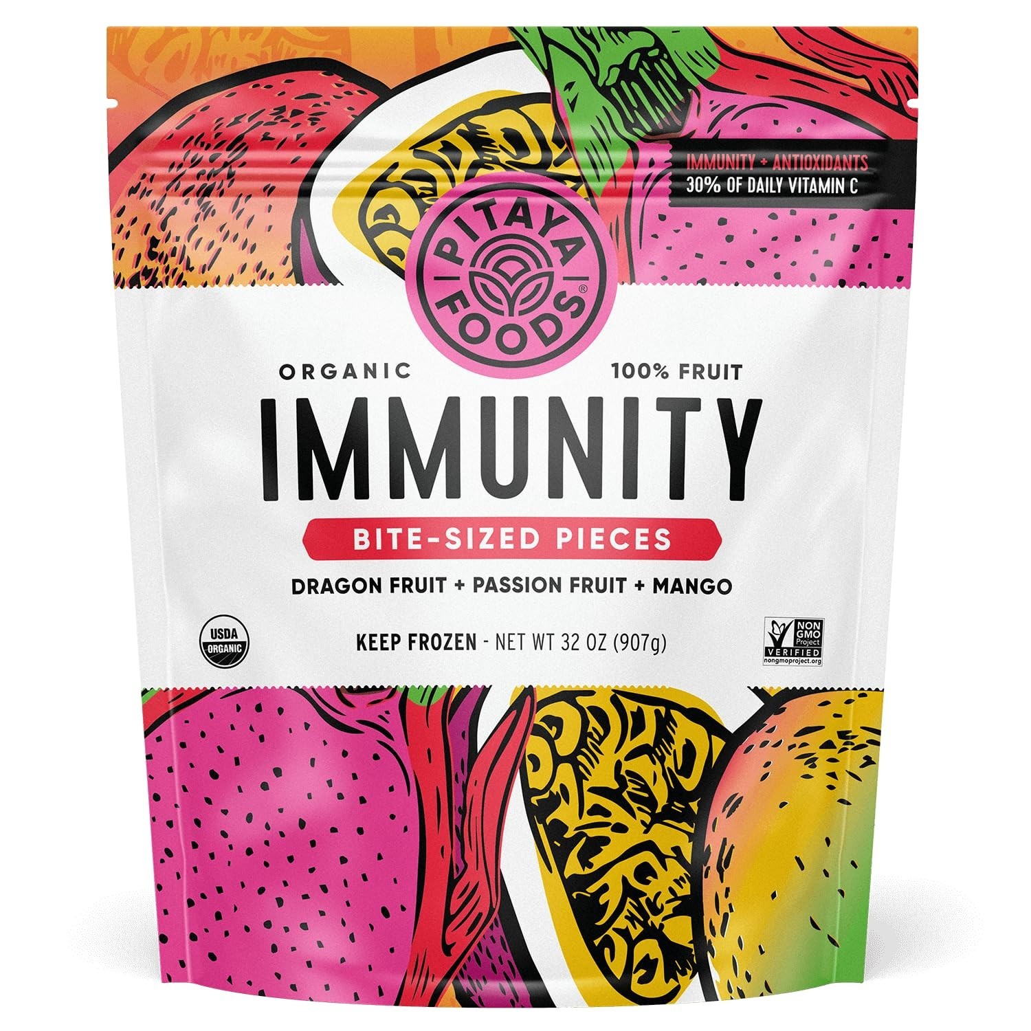 Frozen Organic Immunity Fruit Bites 32oz Dragon Passion Mango No Sugar