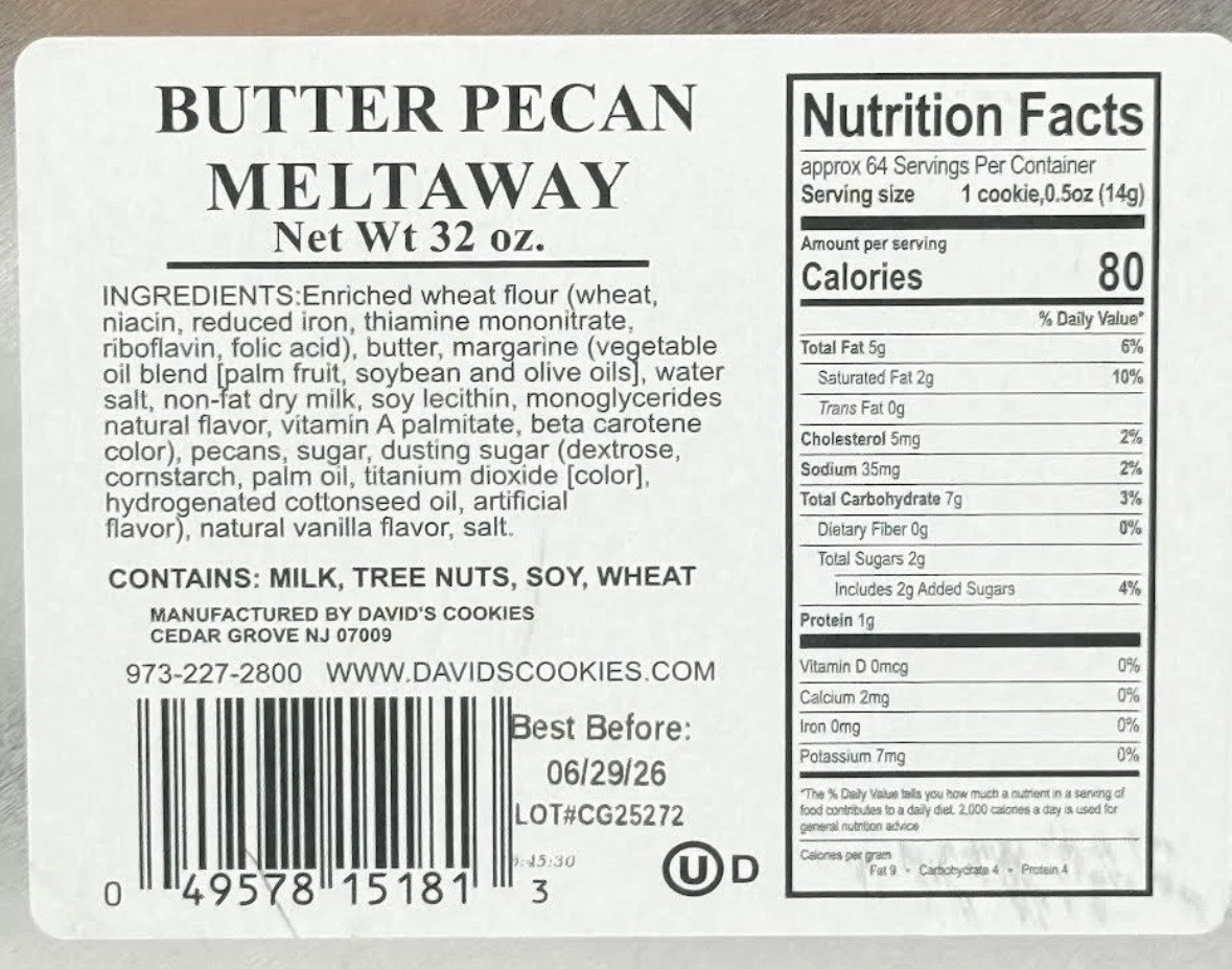 David’S Cookies Butter Pecan Meltaways Melt-In-Your-Mouth Cookies 32oz/907g