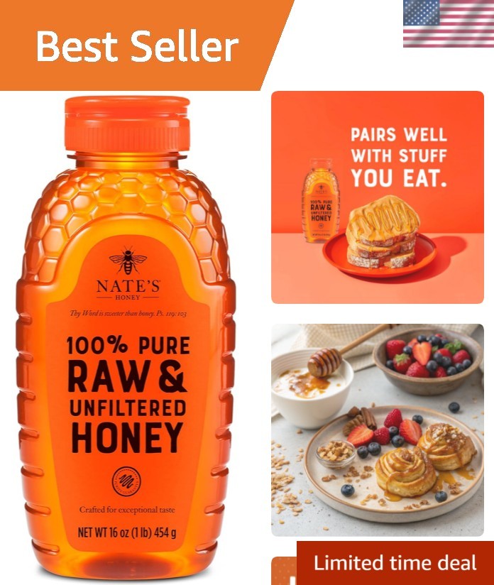 Nate’s 100% Pure, Raw & Unfiltered Honey – Taste, 16 oz. Squeeze Bottle
