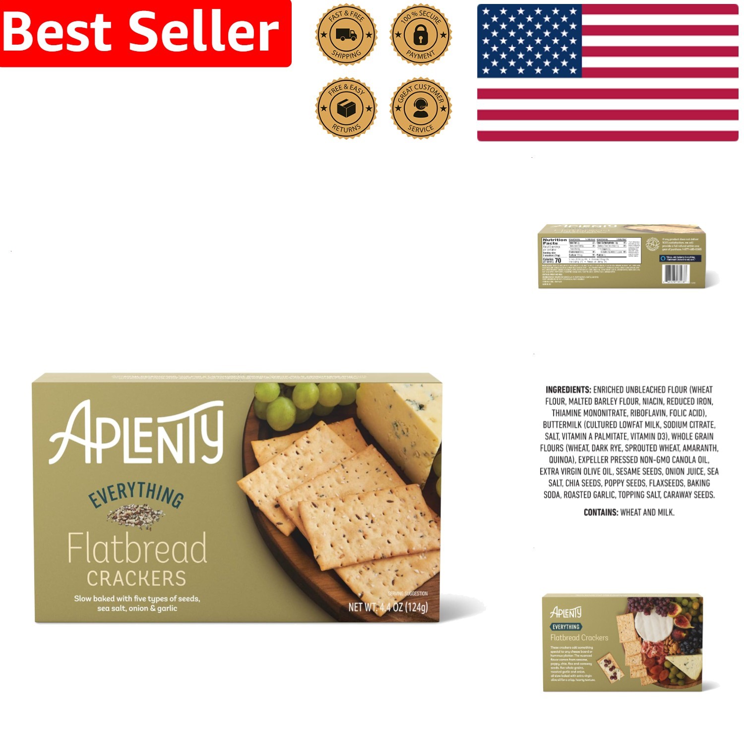 Everything Flatbread Crackers 4.4 oz Box Mediterranean Style Baked Crispy Fla…
