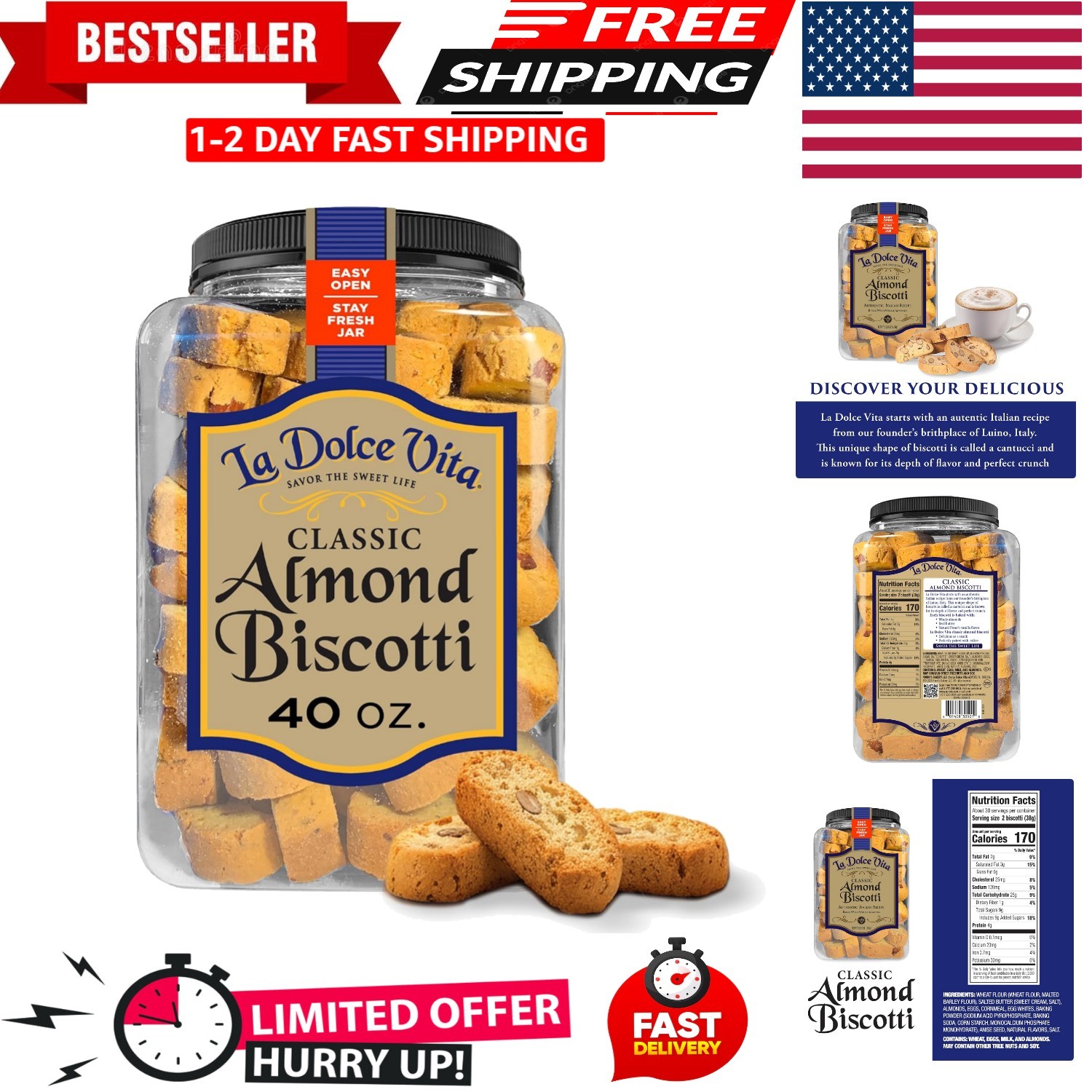Authentic Italian Almond Biscotti – 40 oz. Jar, No Artificial Ingredients