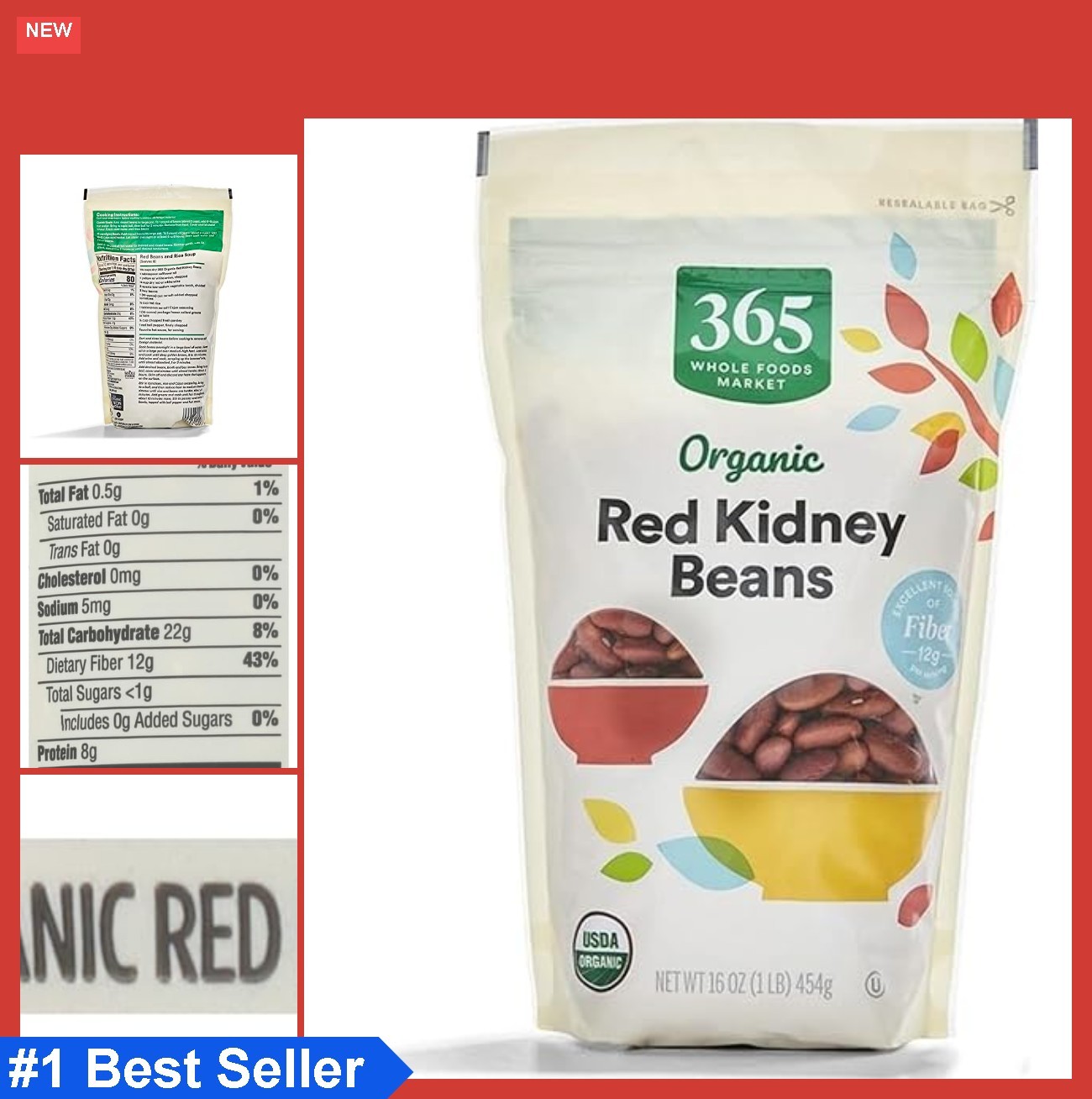 Organic Red Kidney Beans 16 Ounce Dried Beans Non-GMO Low Sodium Vegan