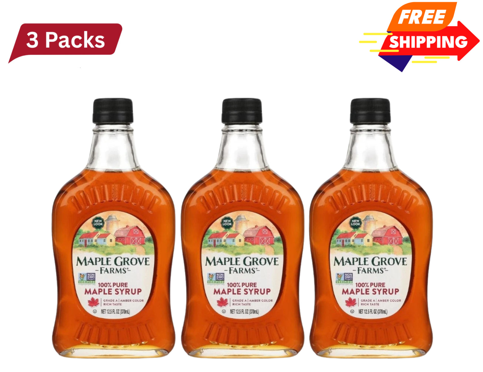 Maple Grove Farms Pure Maple Syrup, 12.5 Oz, 3 Pack
