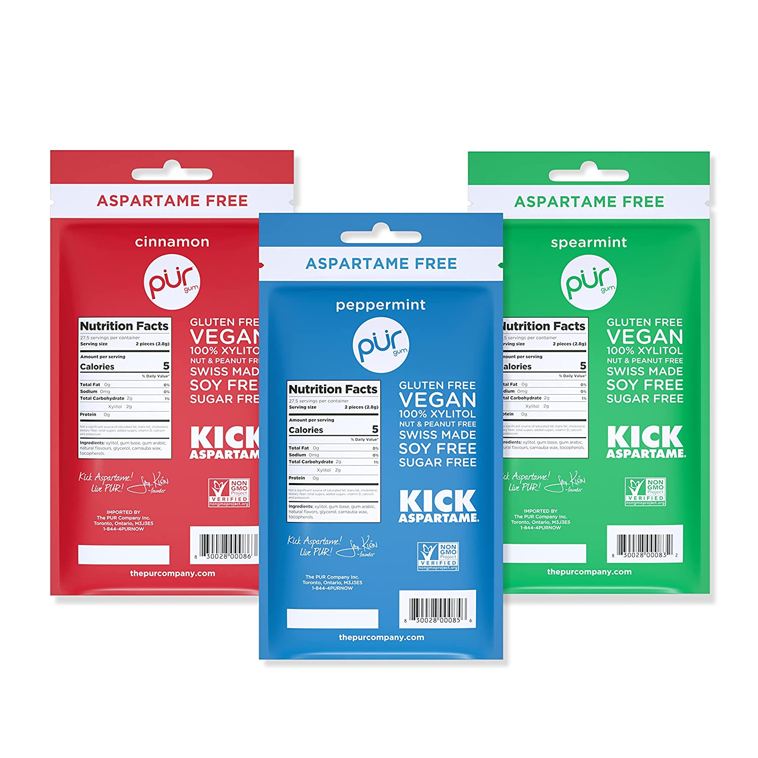 PUR Gum Aspartame Free Chewing Gum 100% Xylitol 55 Pieces Pack of 3