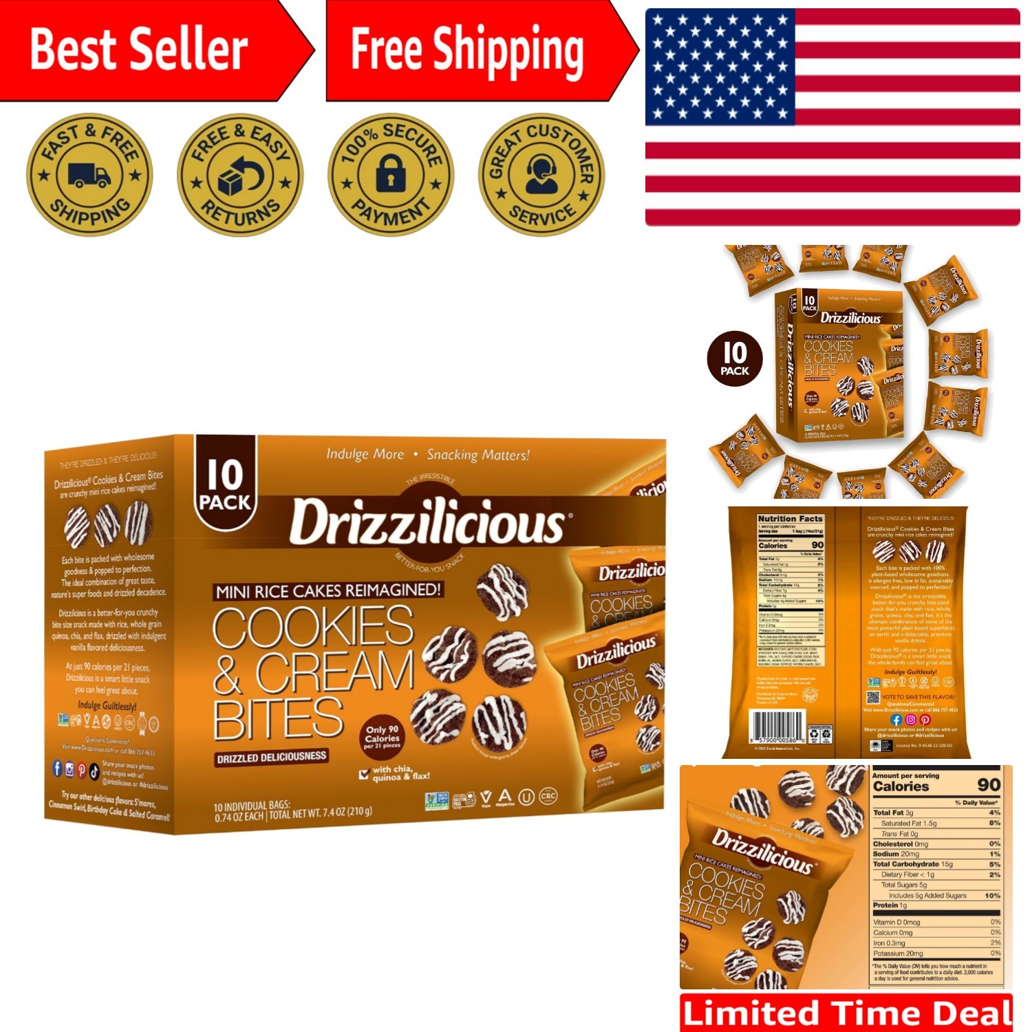 Healthy Cookies & Cream Rice Crisps – Snack in 10 Convenient Bags, 0.74 oz