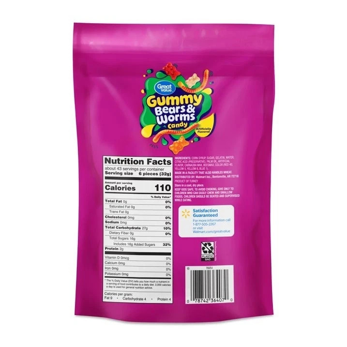 Great Value Gummy Bears & Worms Chewy Candy Assorted Flavors 48 oz Bag