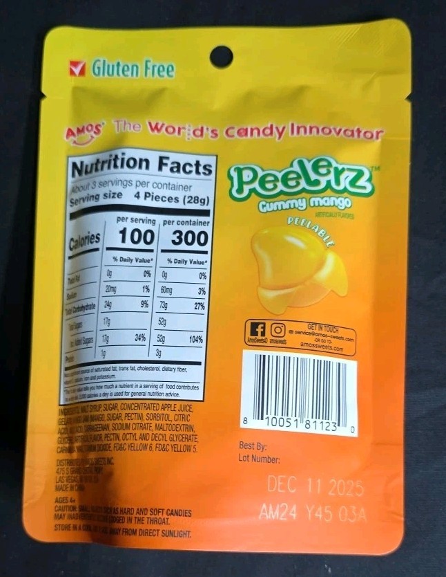 AMOS 6oz Peelerz Peelable Fruit Gummy Mango Viral Tiktok Candy NEW