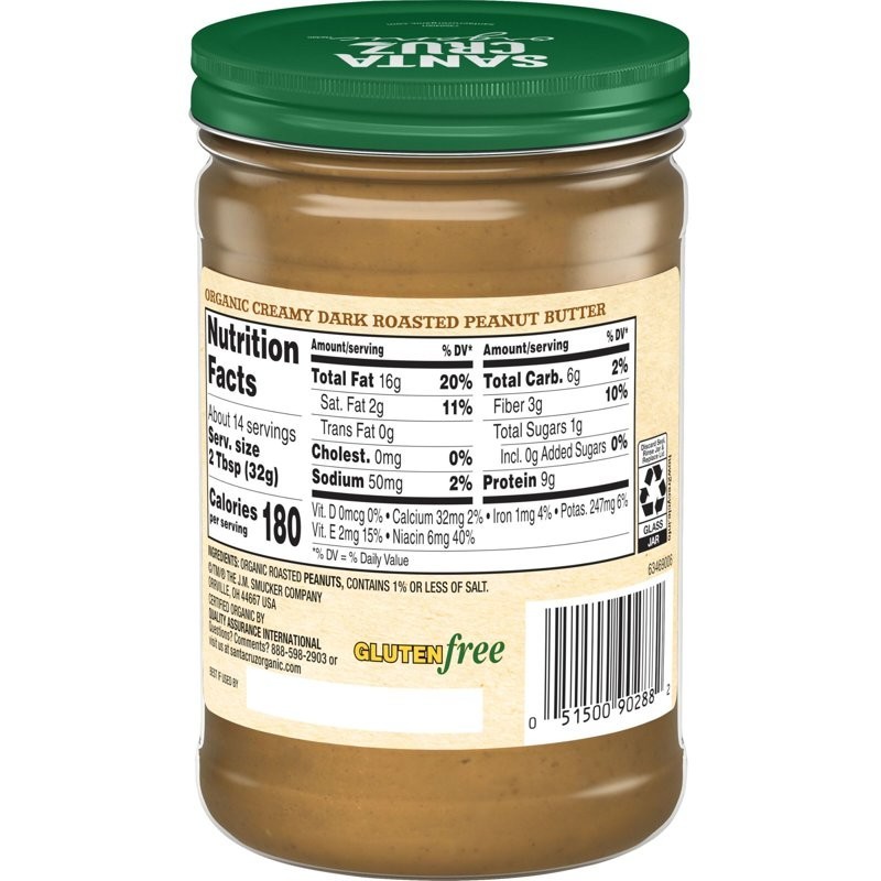 Santa Cruz Organic Creamy Dark Roasted Peanut Butter, 16 oz Jar