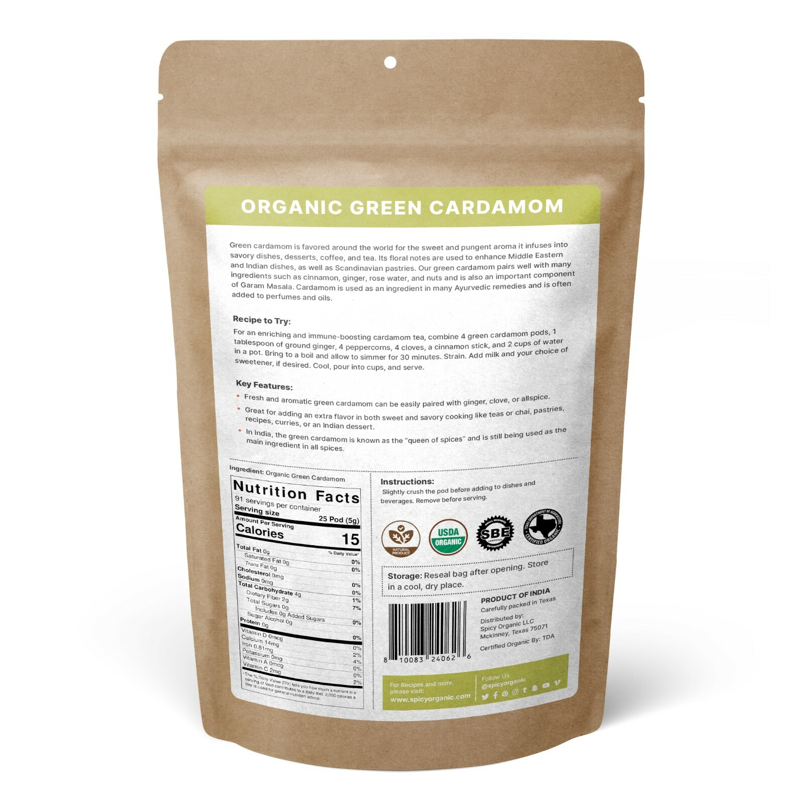 Organic Green Cardamom Pods Whole – Gluten Free – Fresh Cardamom Seeds – 16 OZ