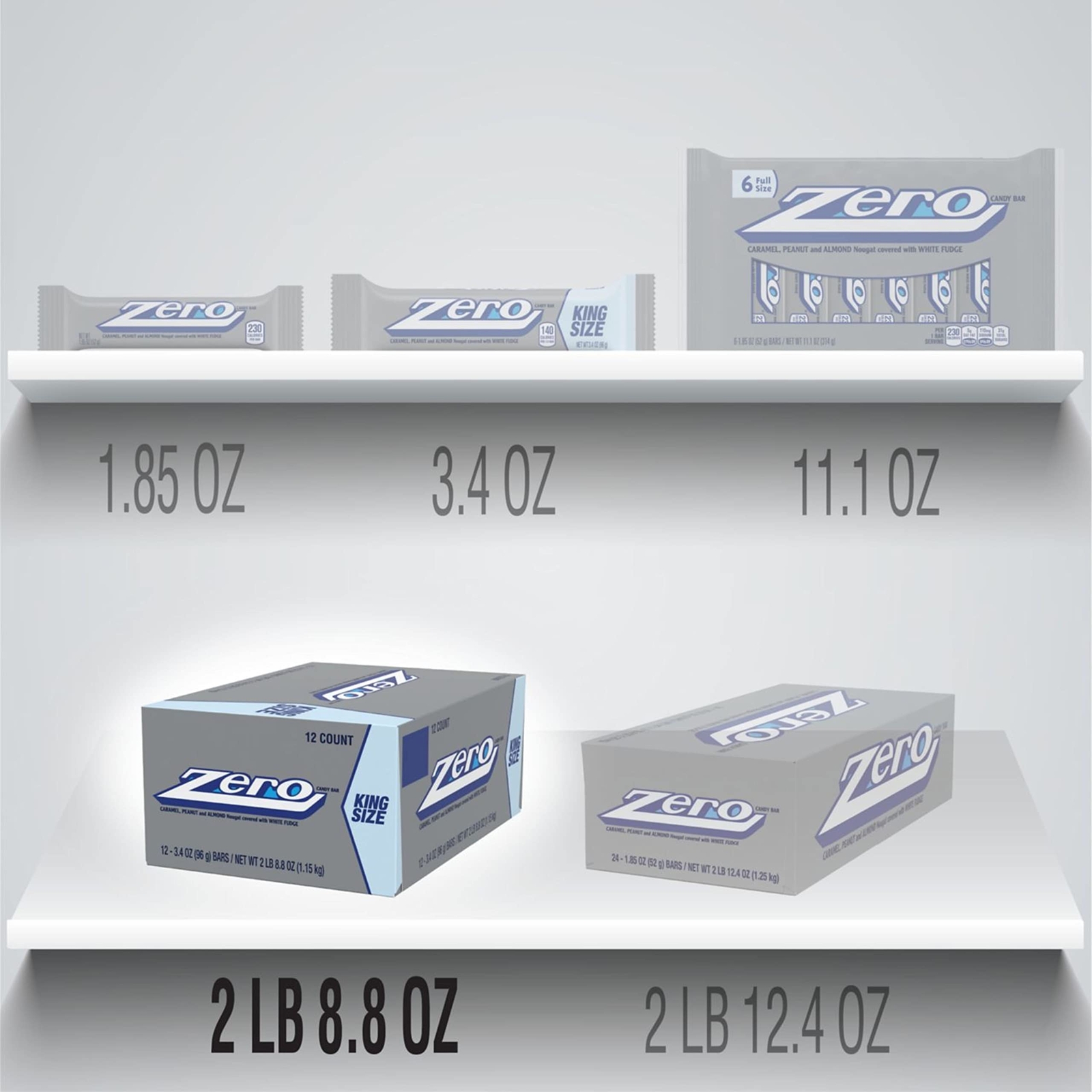 ZERO White Fudge, Caramel, Peanut and Almond Nougat King Size Candy, Bulk